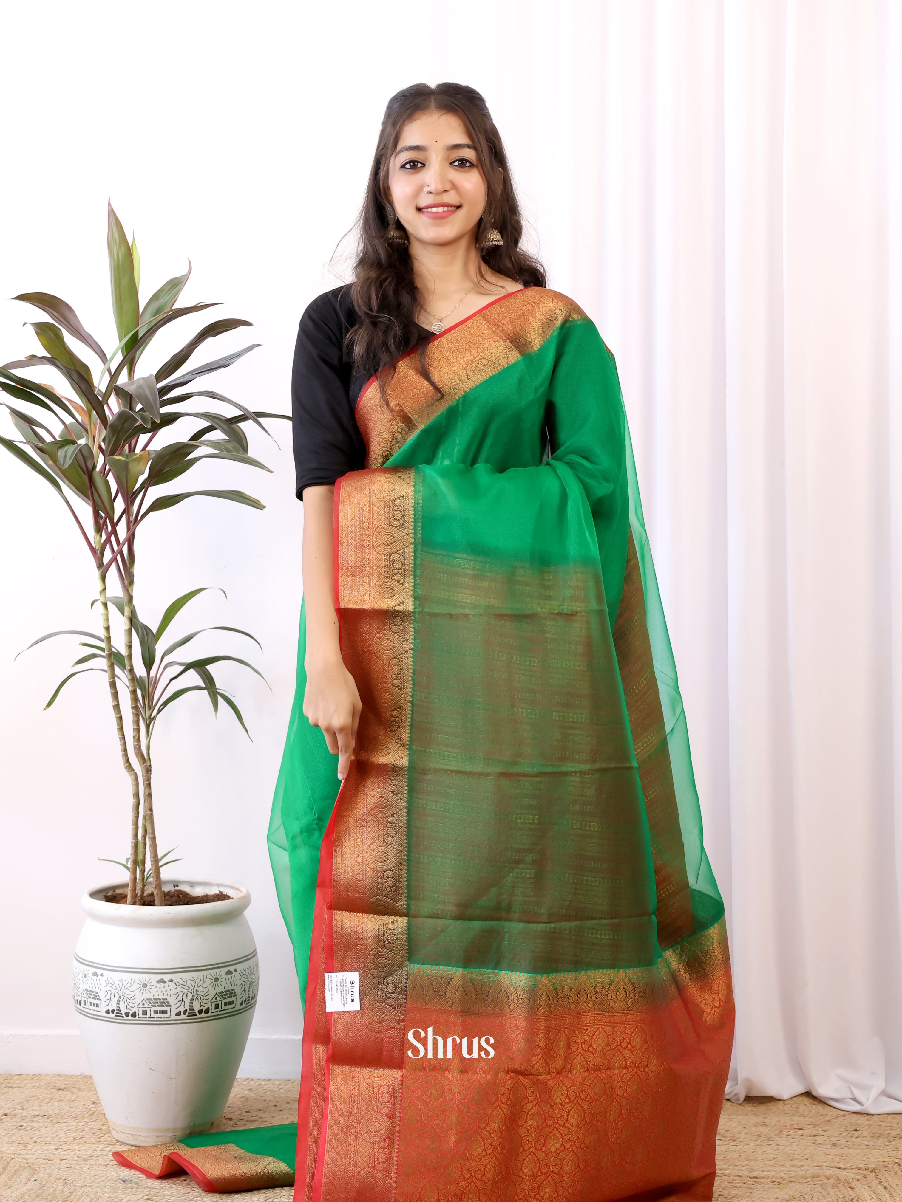 Green & Red- Semi Organza Saree - Shop on Shrus.com