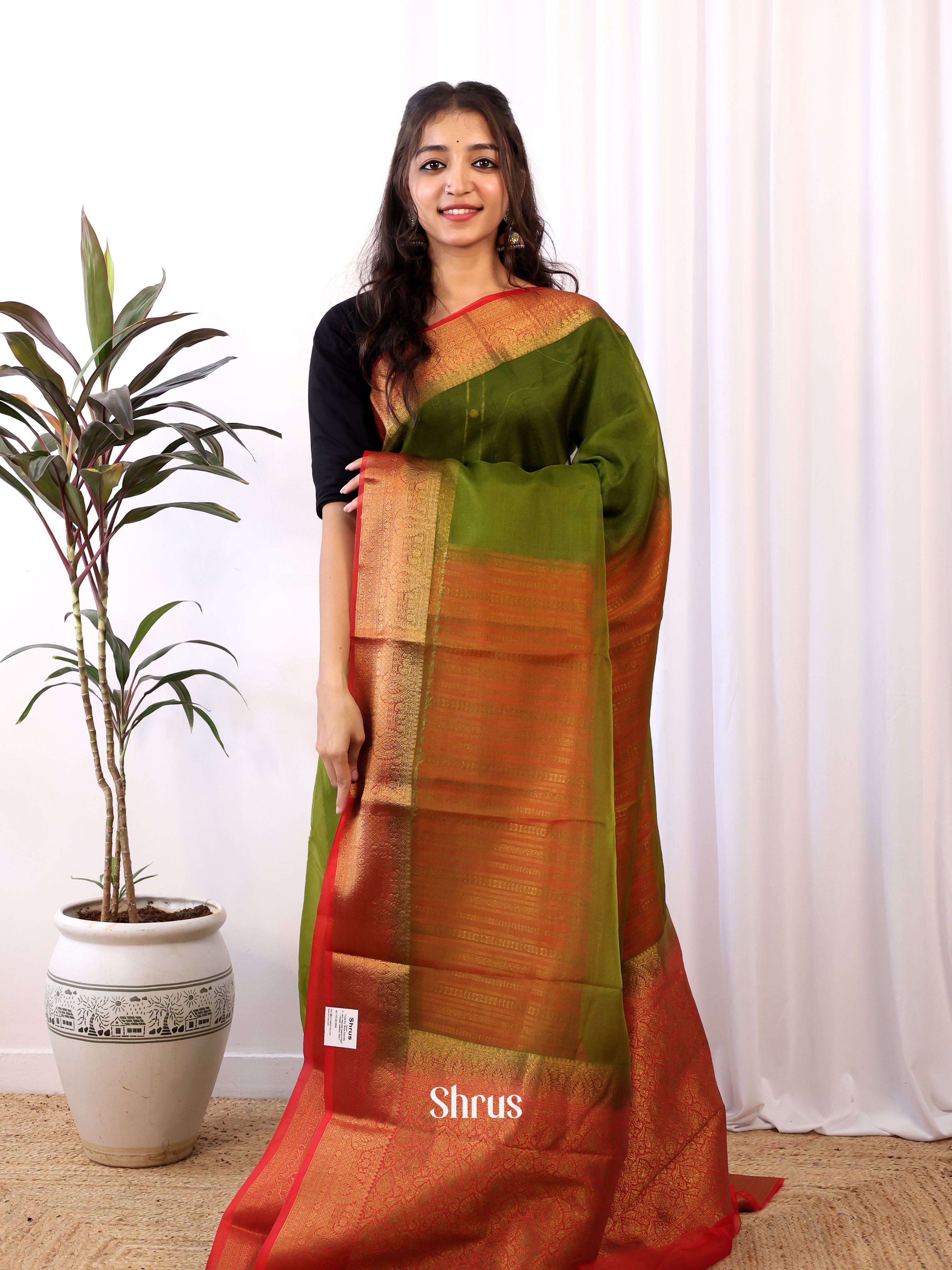 Green & Red- Semi Organza Saree - Shop on Shrus.com