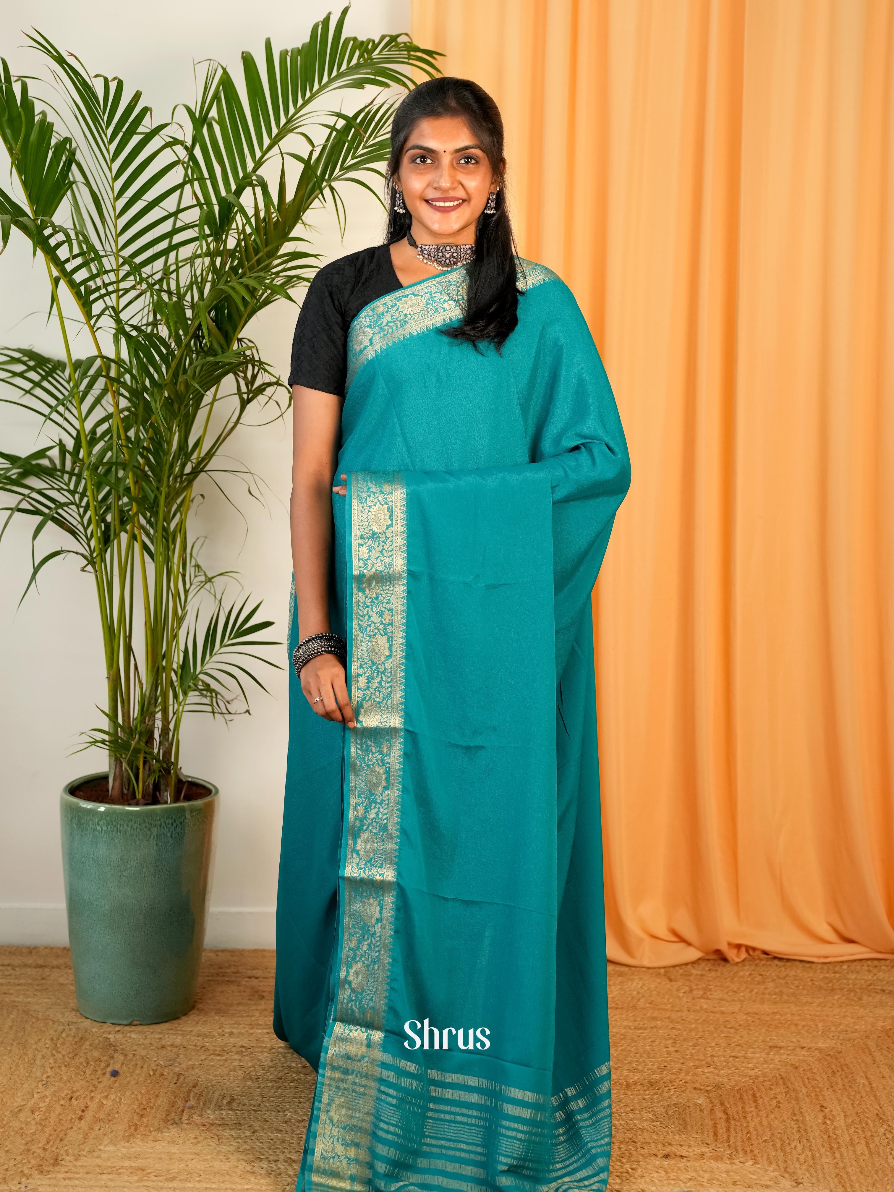 Teal - Semi Mysoresilk Saree - Shop on Shrus.com