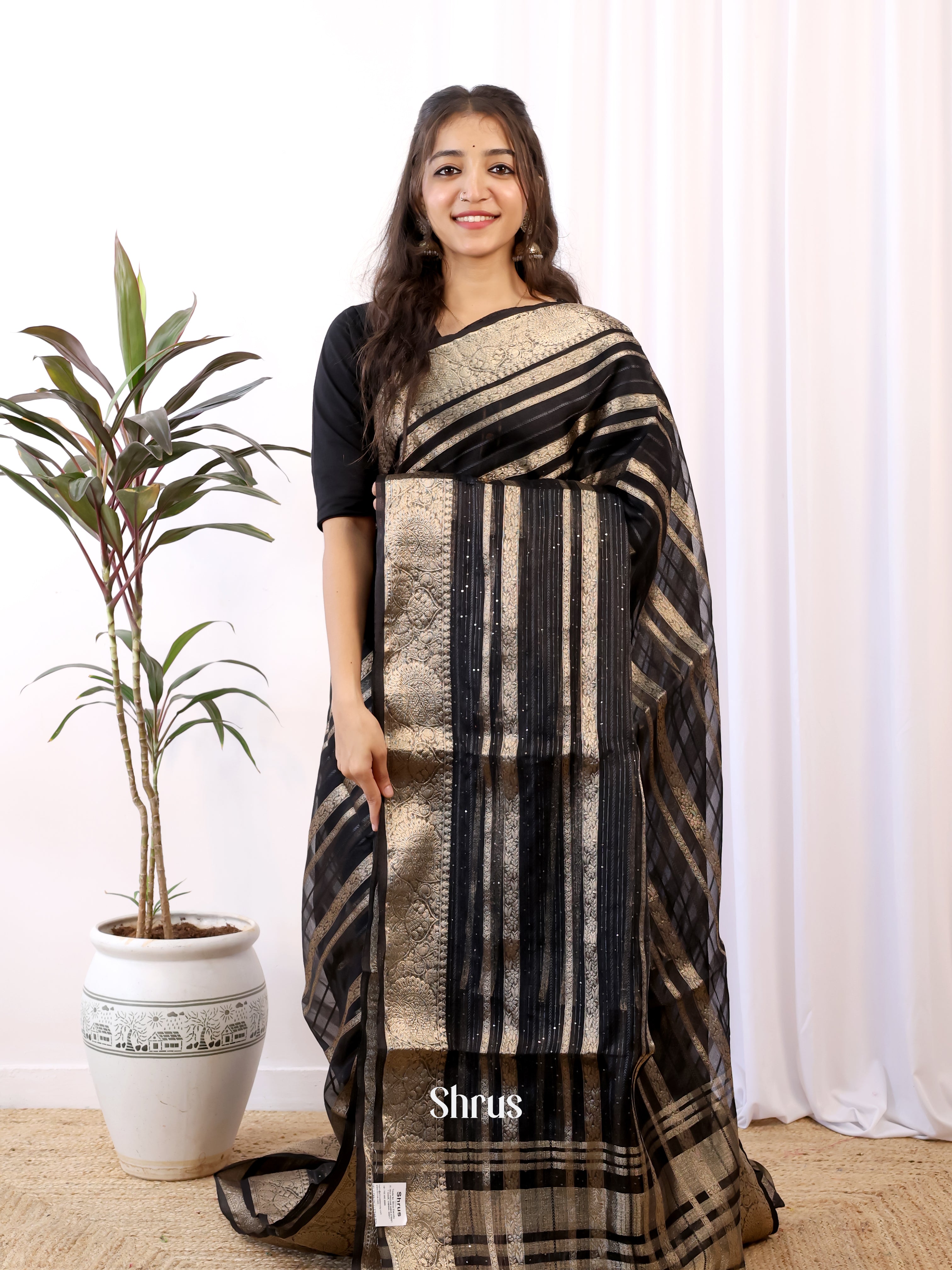 Black - Semi Organza Saree - Shop on Shrus.com