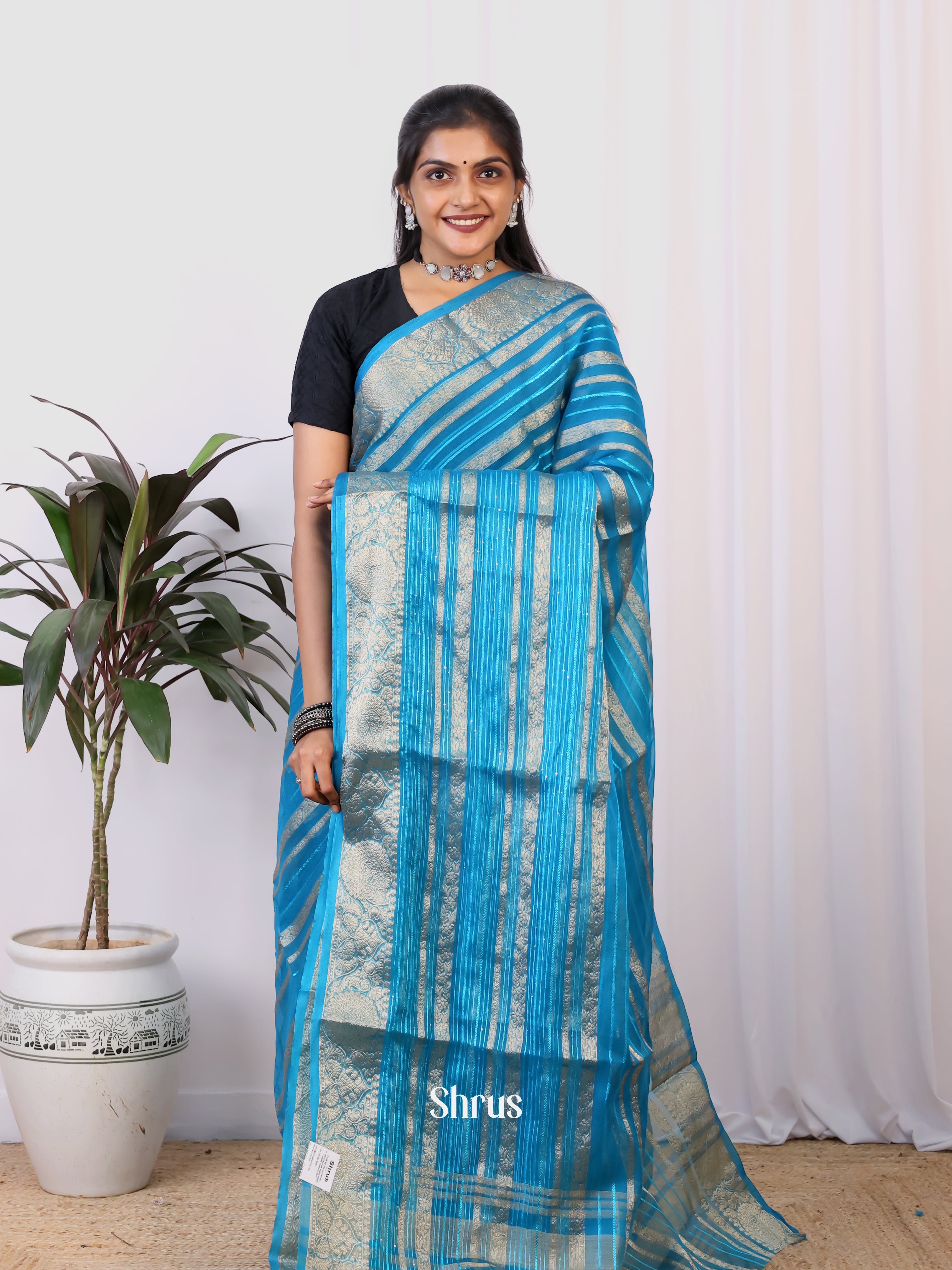 Blue - Semi Organza Saree - Shop on Shrus.com