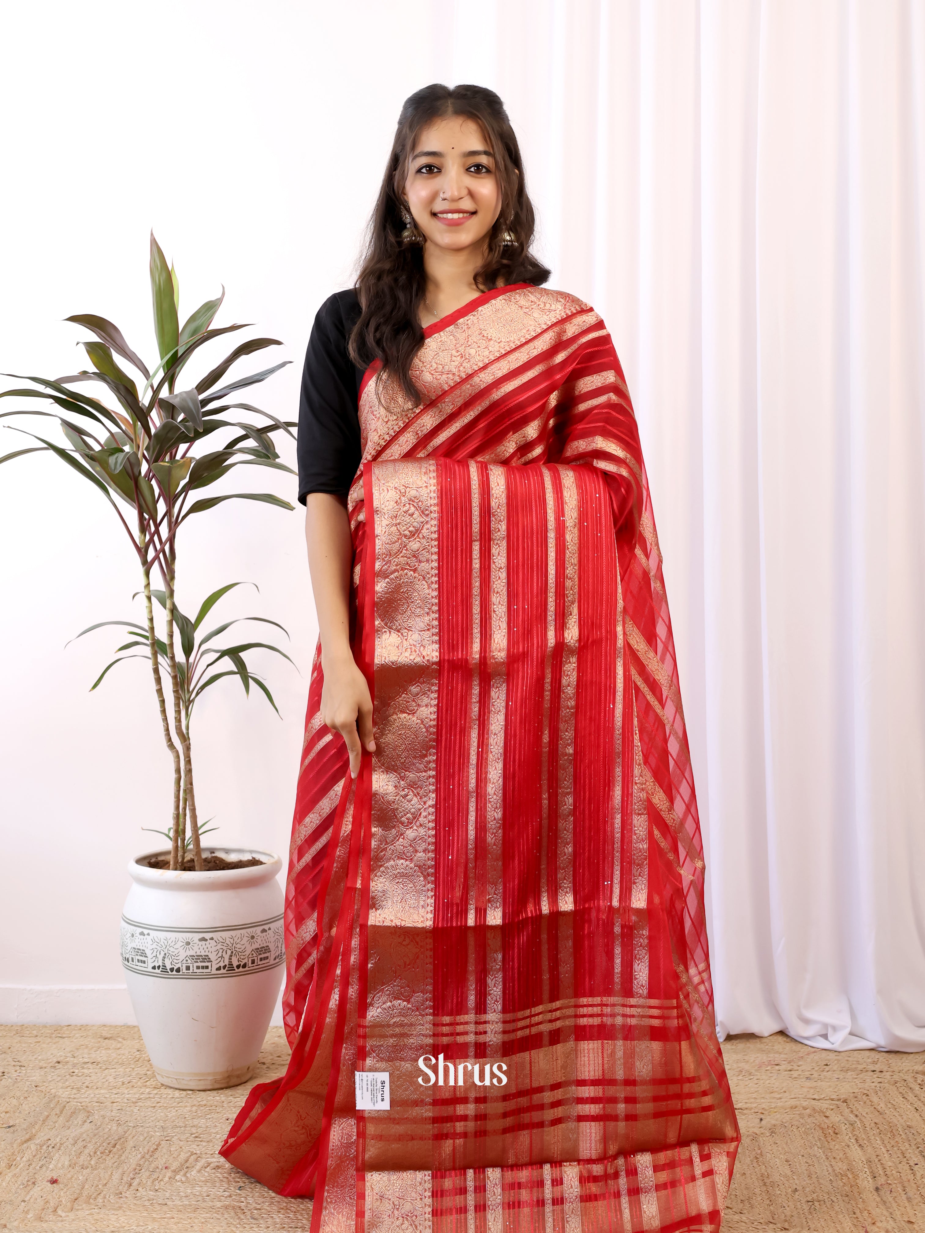 Red - Semi Organza Saree - Shop on Shrus.com