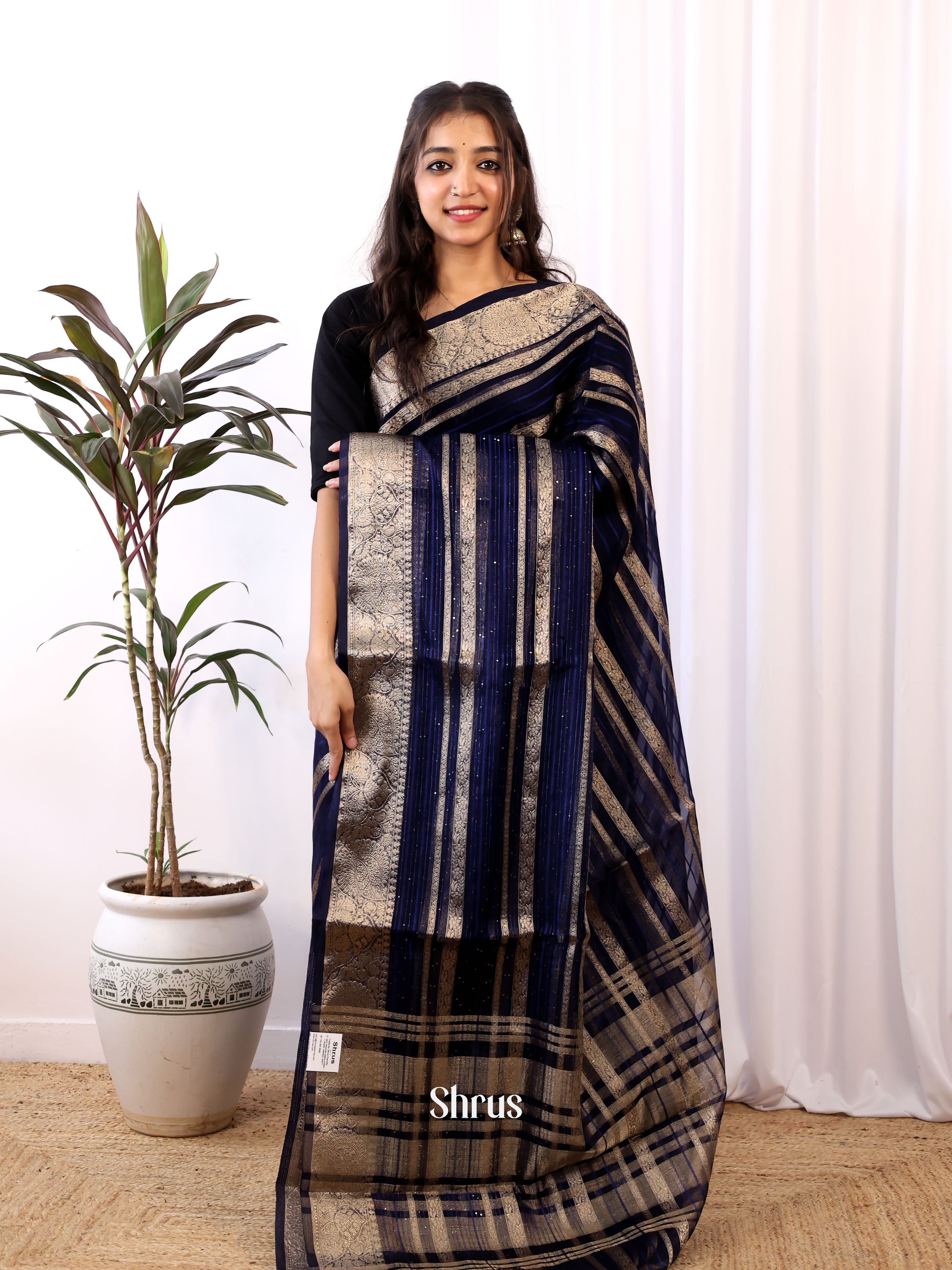 Blue - Semi Organza Saree - Shop on Shrus.com