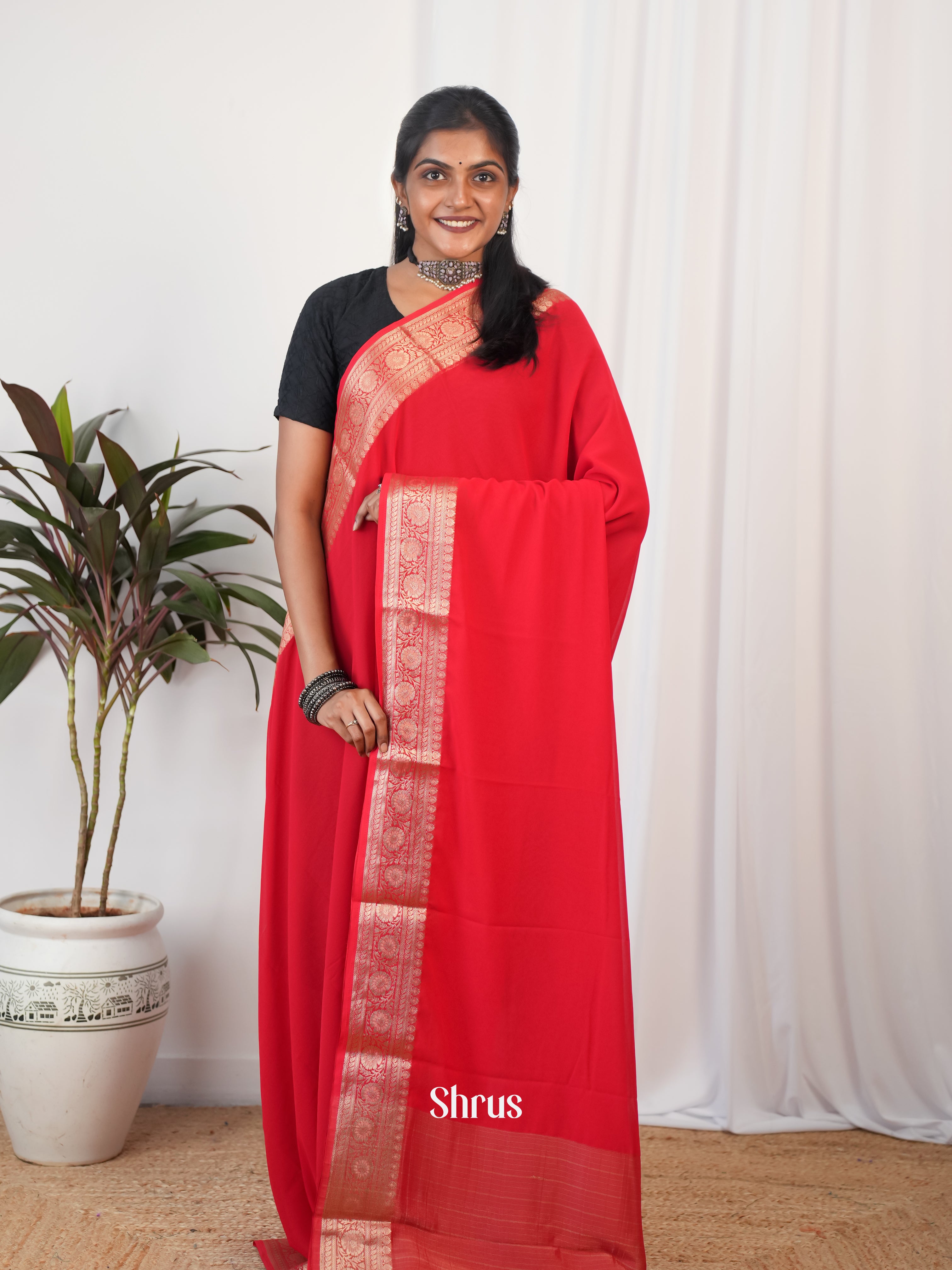 Red - Semi Georgette Saree - Shop on Shrus.com