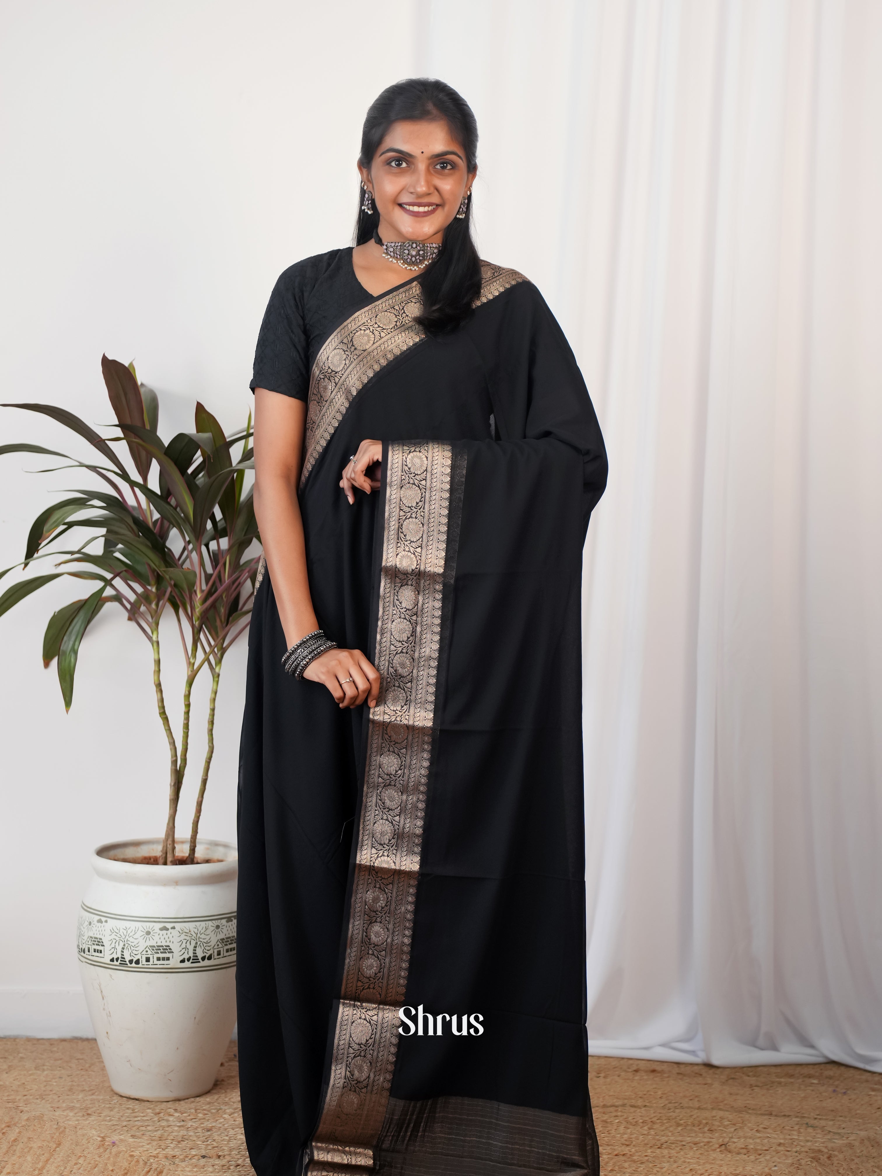 Black - Semi Georgette Saree - Shop on Shrus.com