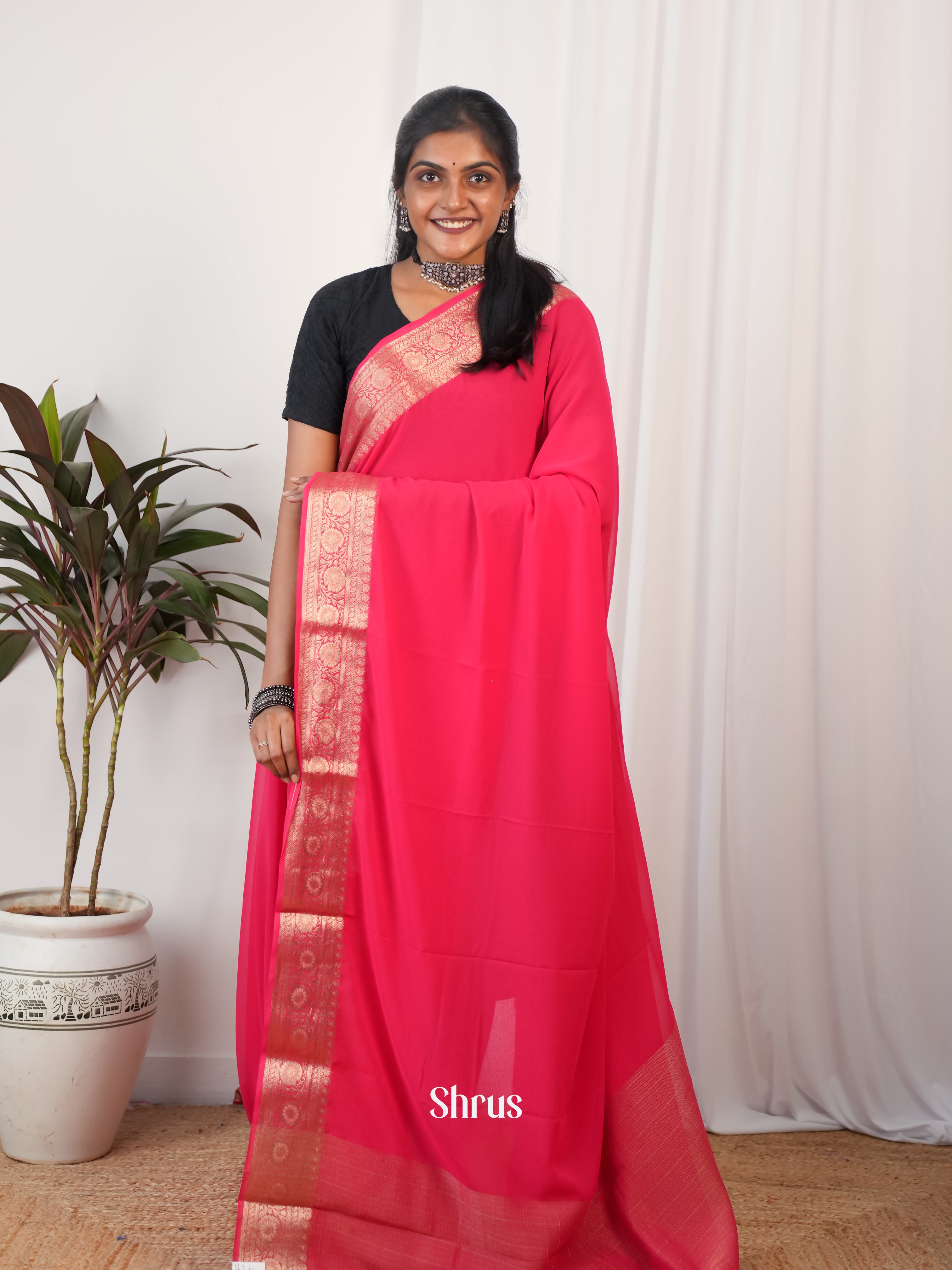 Reddish Pink - Semi Georgette Saree - Shop on Shrus.com