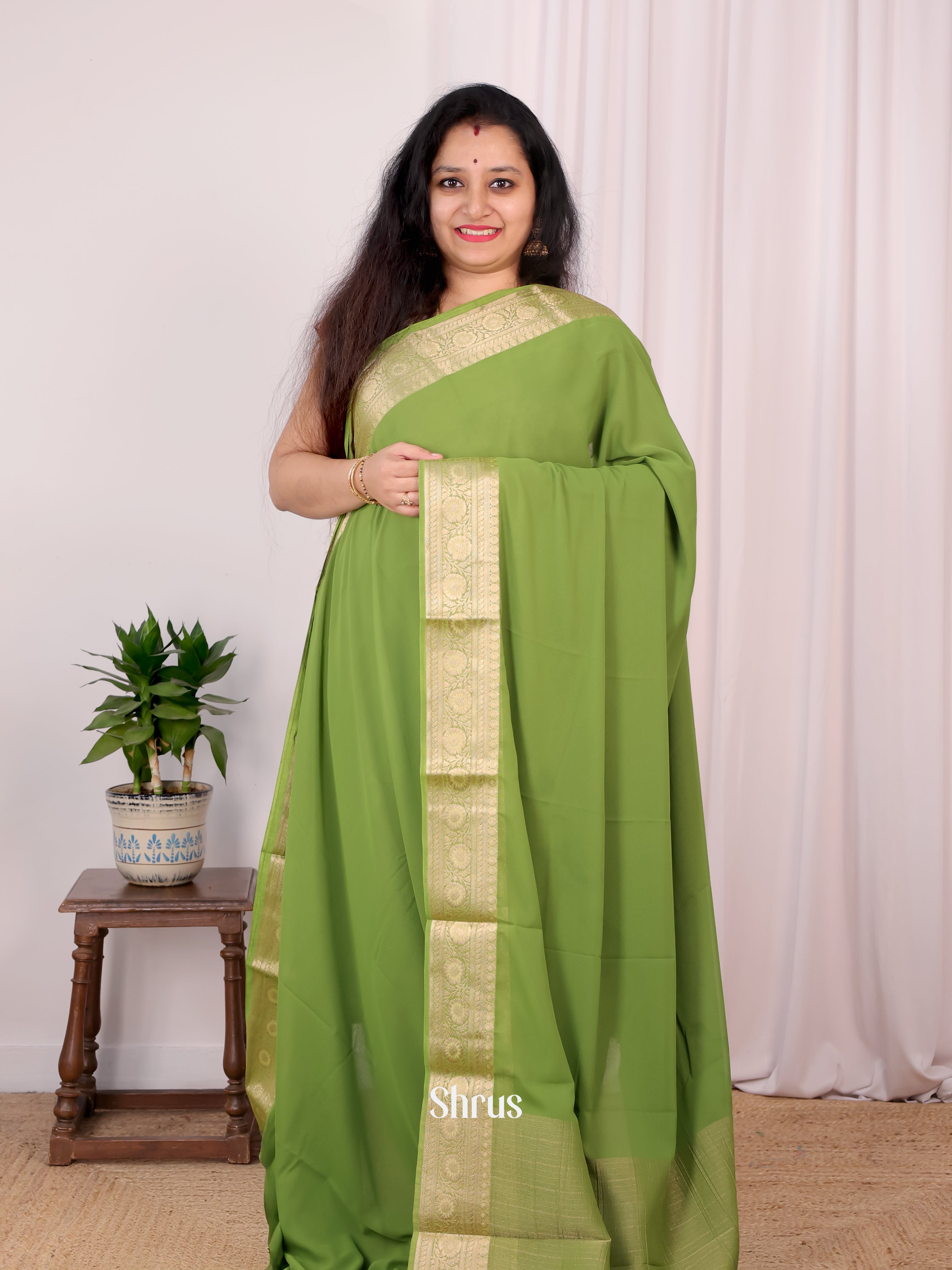 Green - Semi Georgette Saree - Shop on Shrus.com