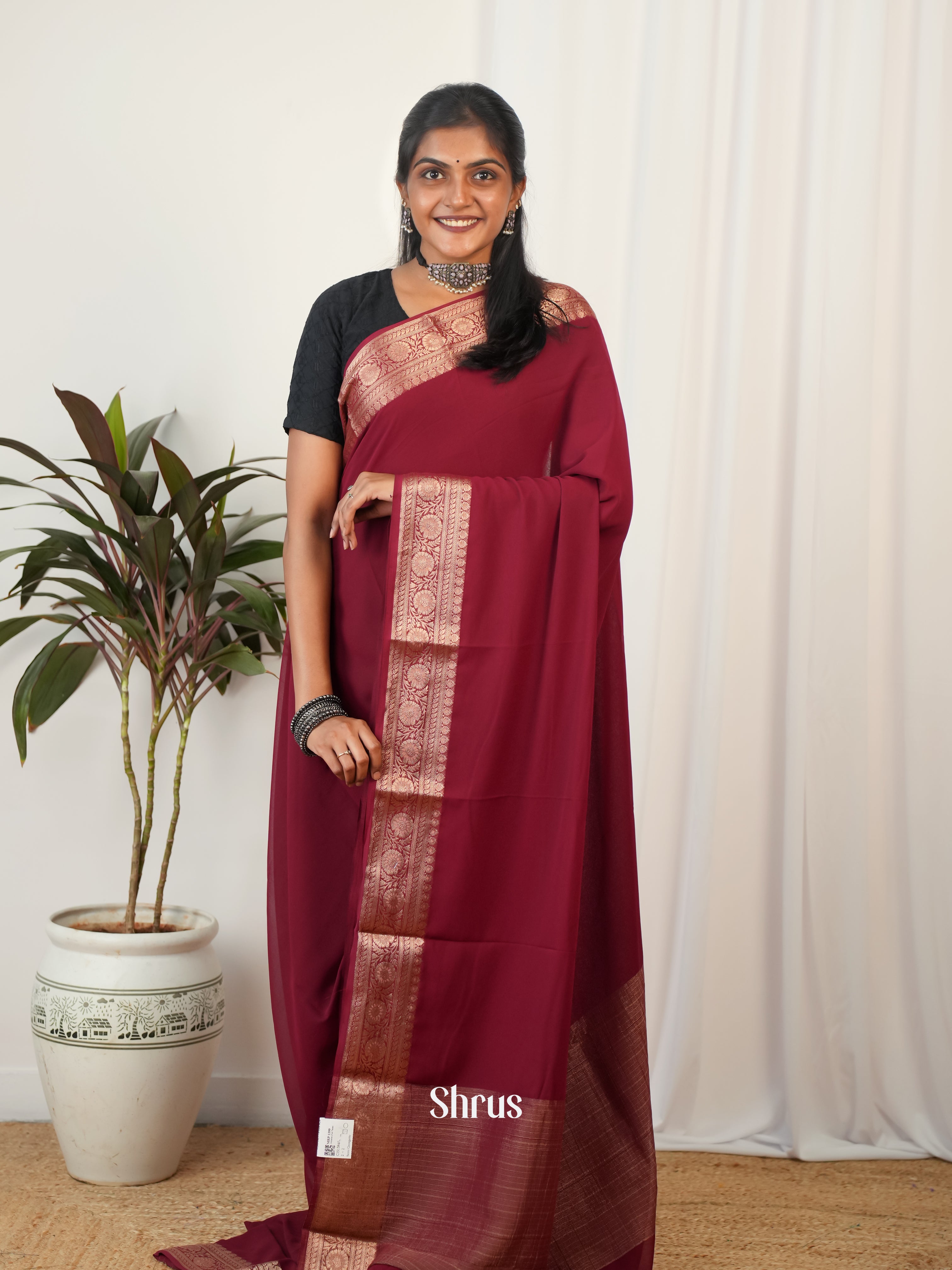 Maroon - Semi Georgette Saree - Shop on Shrus.com