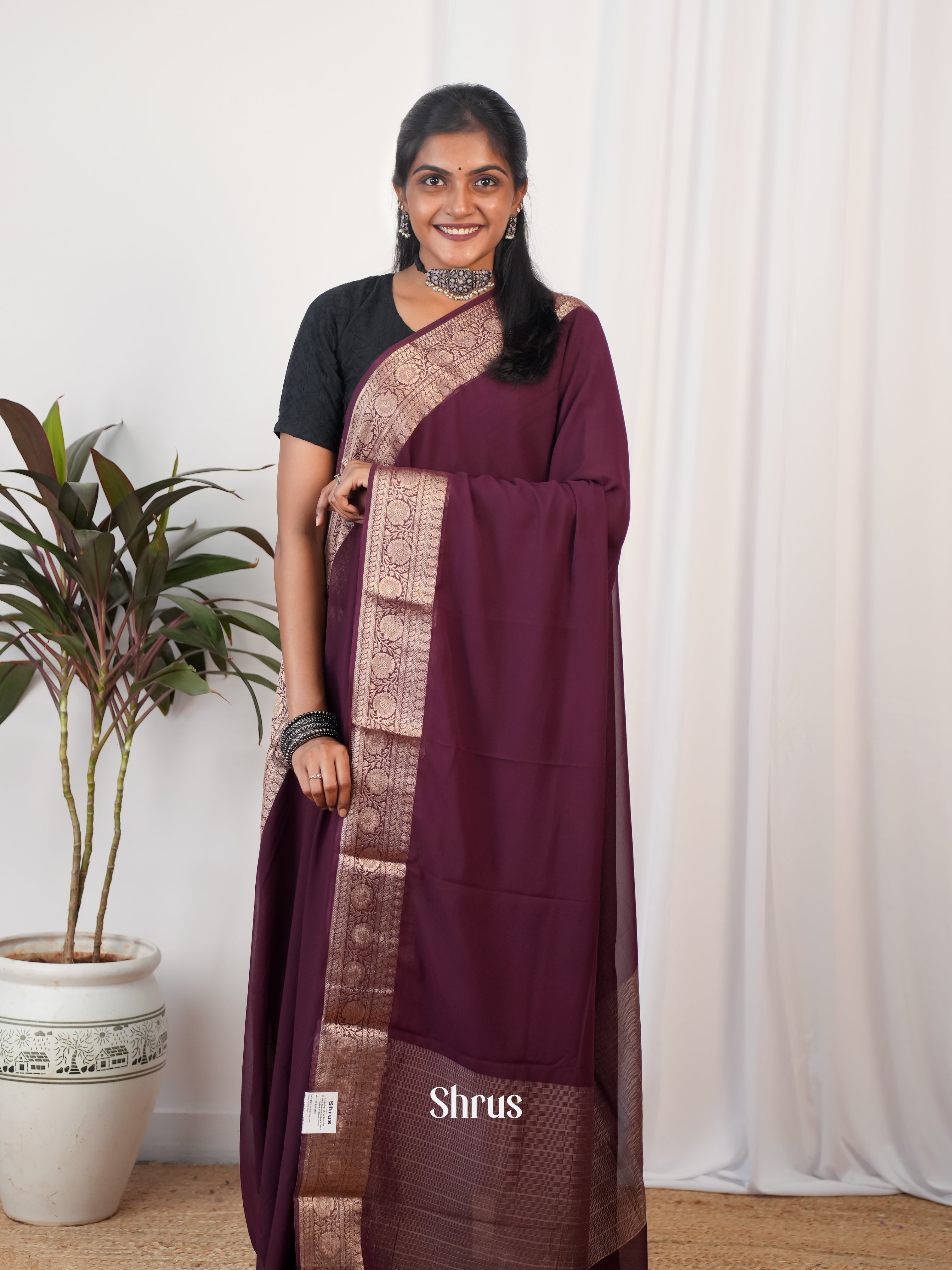 Wine - Semi Georgette Saree - Shop on Shrus.com