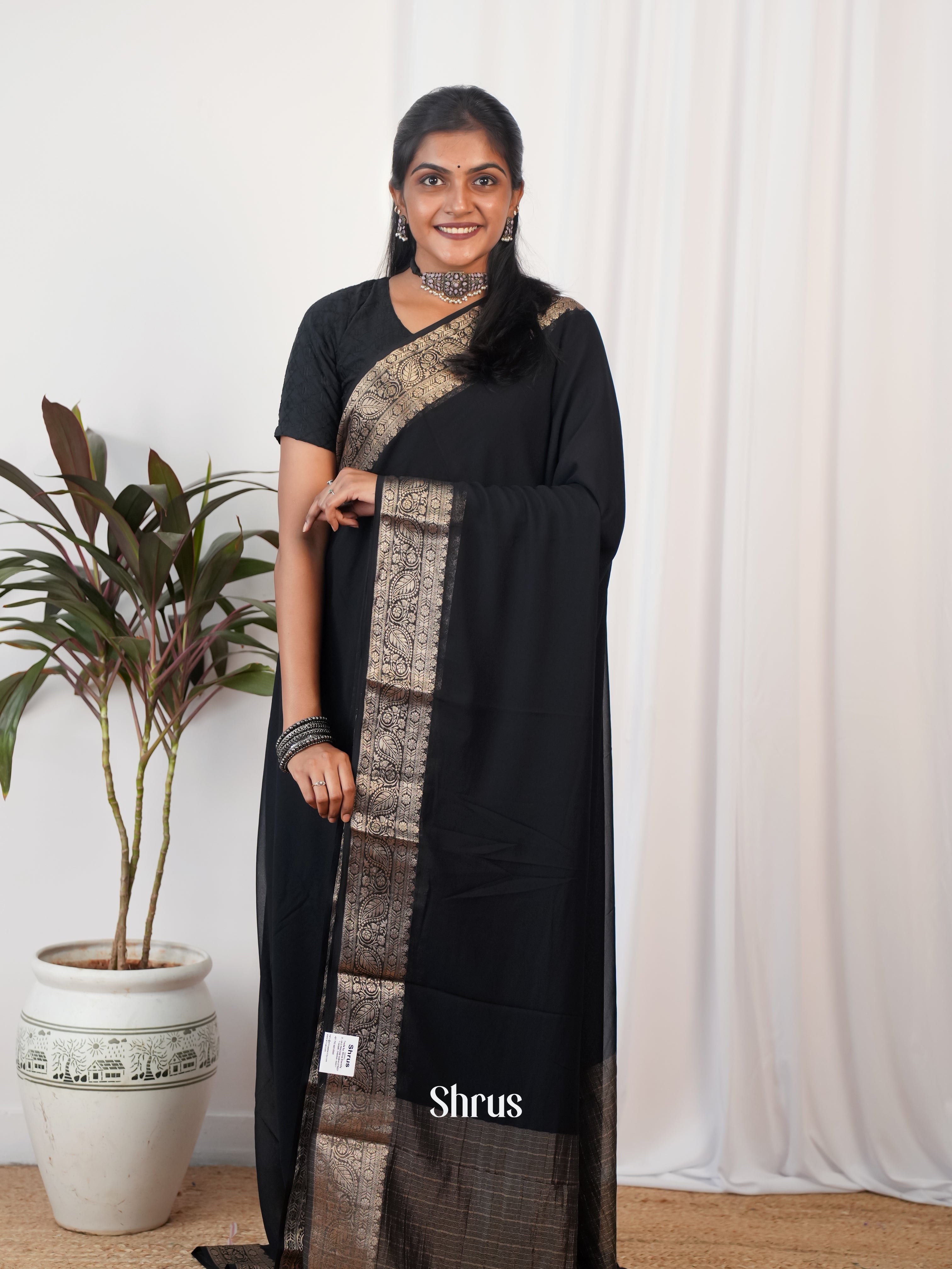Black - Semi Georgette Saree - Shop on Shrus.com