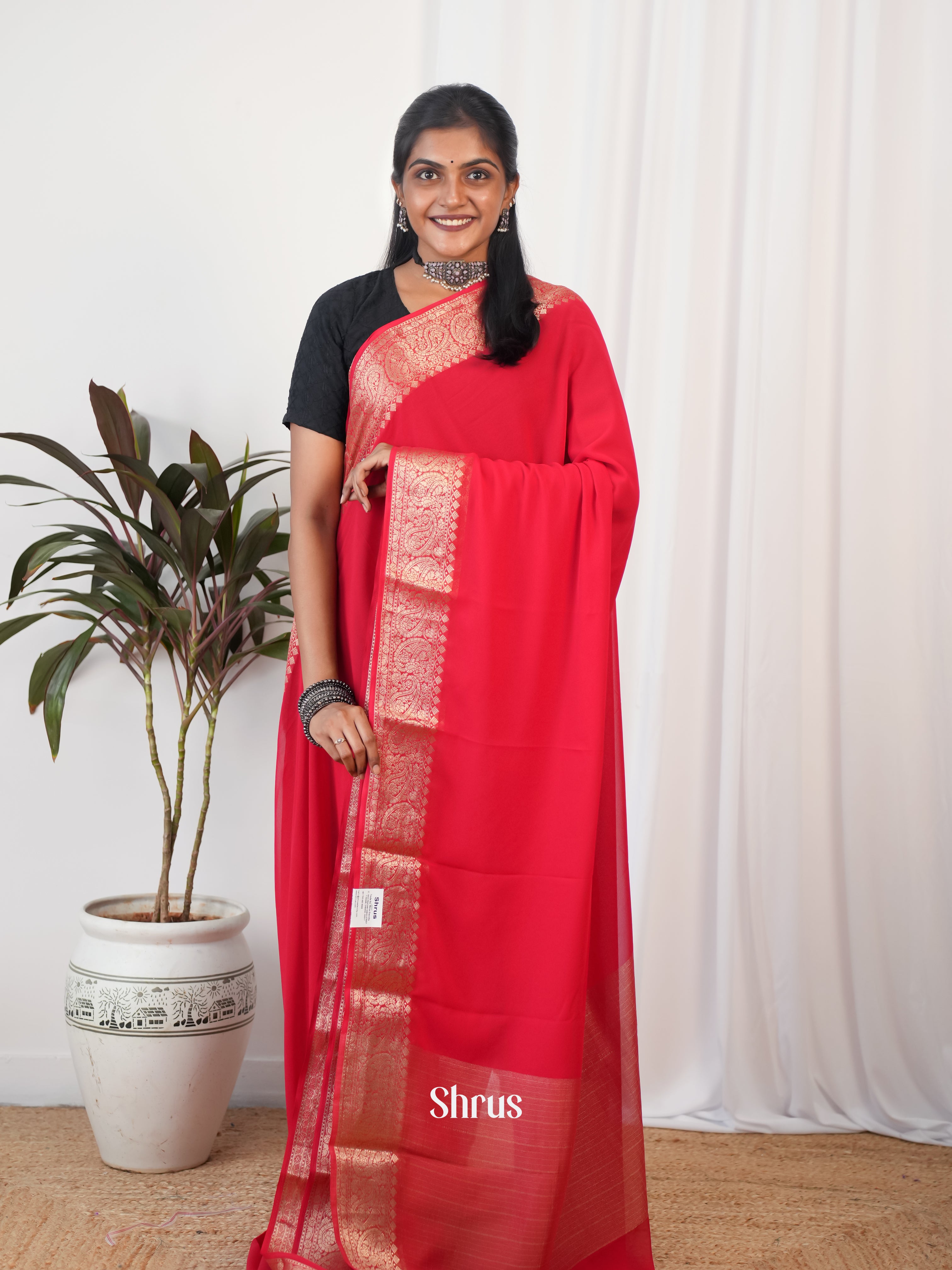 Red - Semi Georgette Saree - Shop on Shrus.com