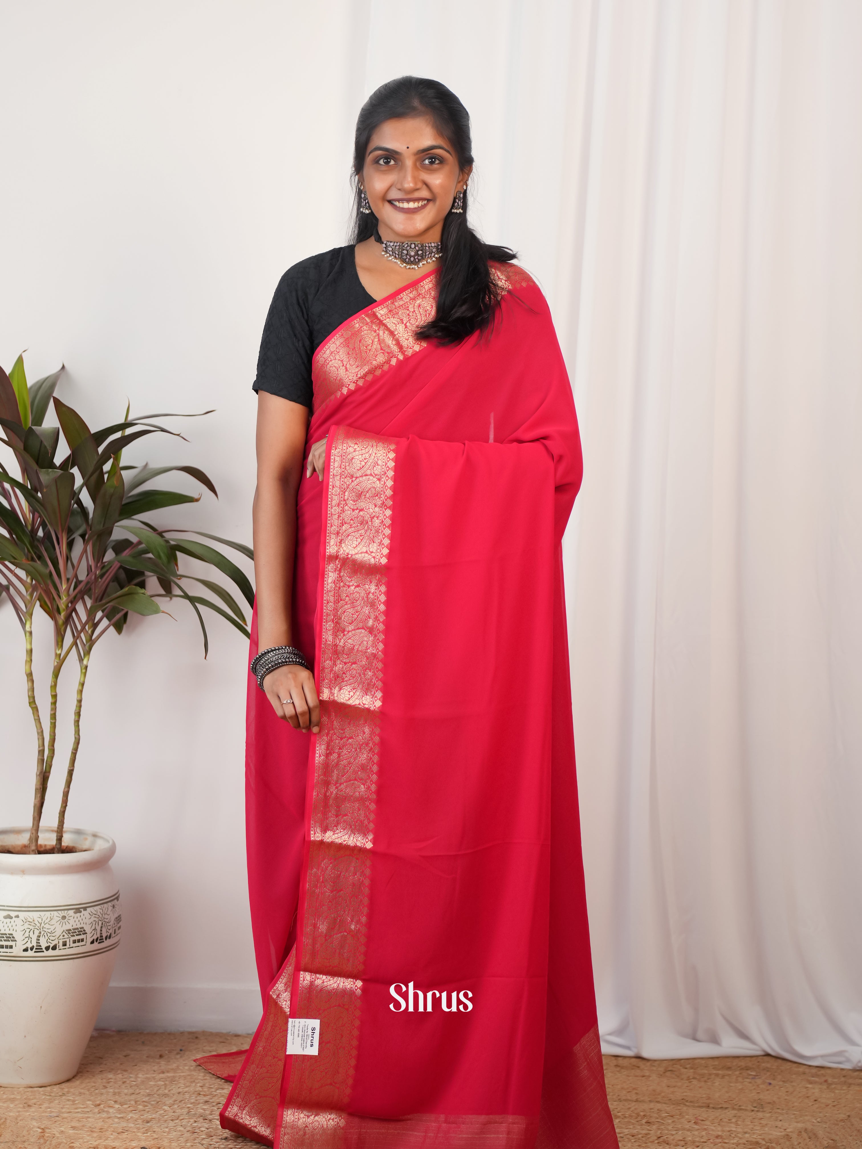 Red - Semi Georgette Saree - Shop on Shrus.com