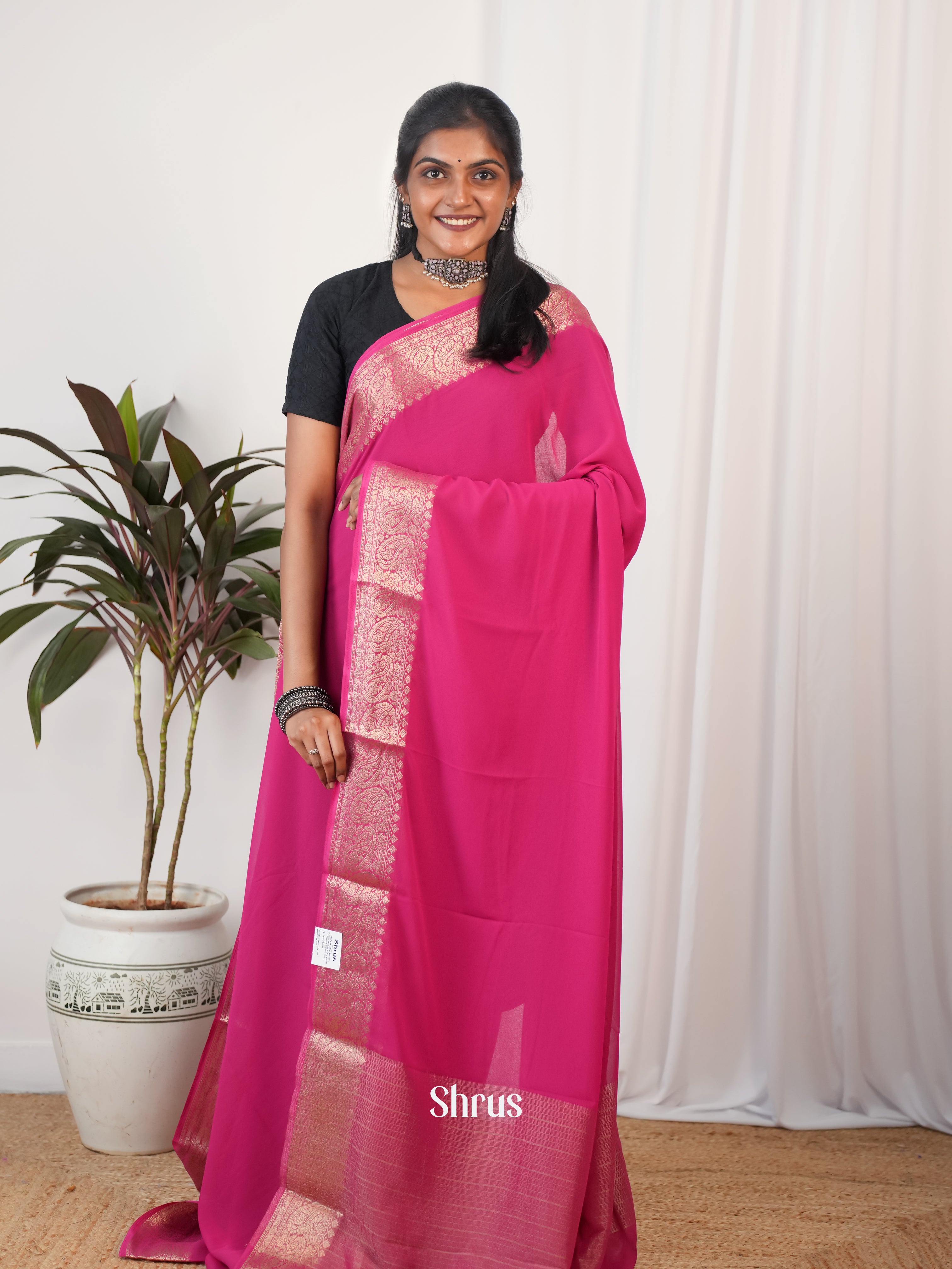 Pink - Semi Georgette Saree - Shop on Shrus.com