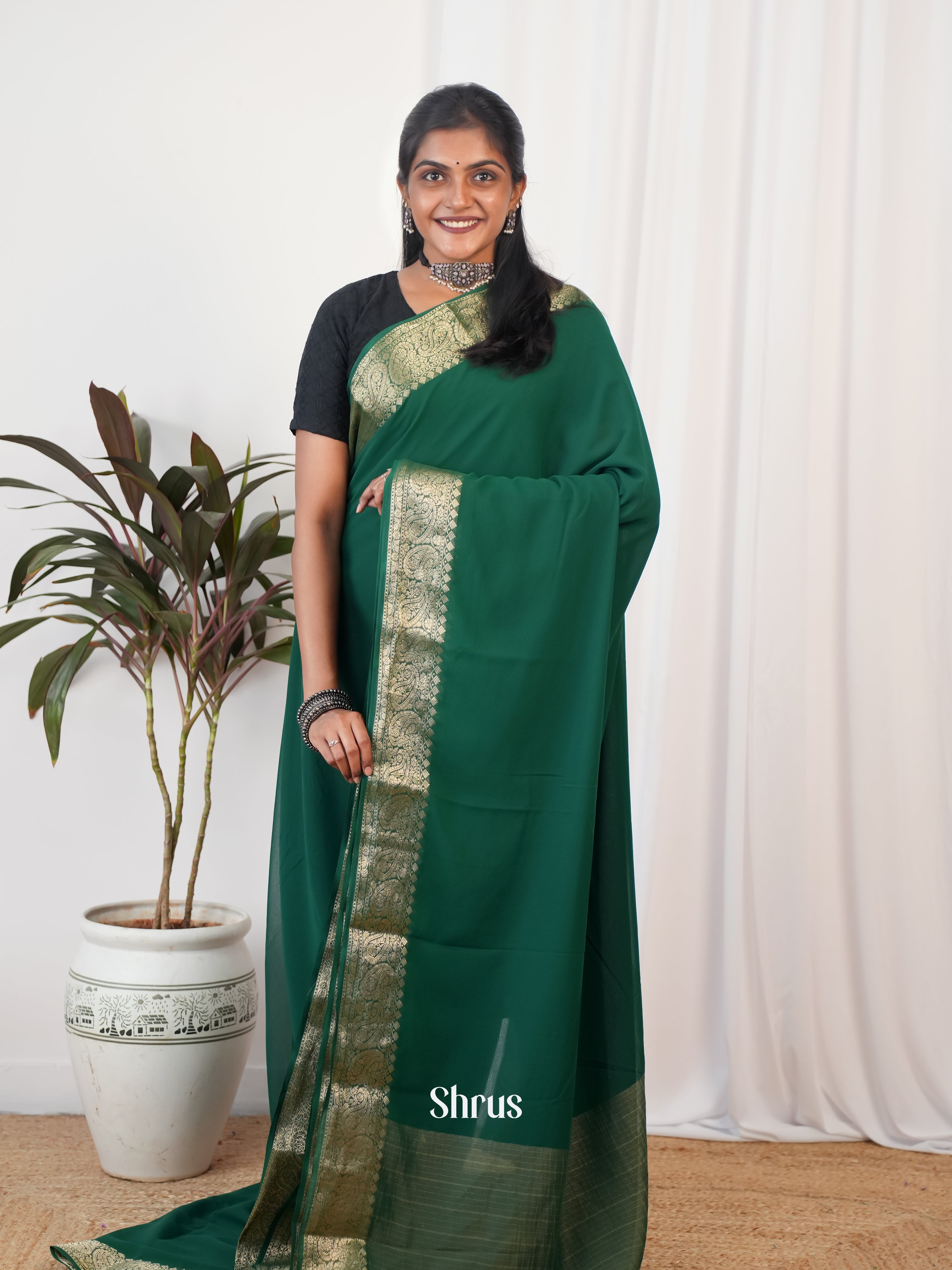 Green - Semi Georgette Saree - Shop on Shrus.com