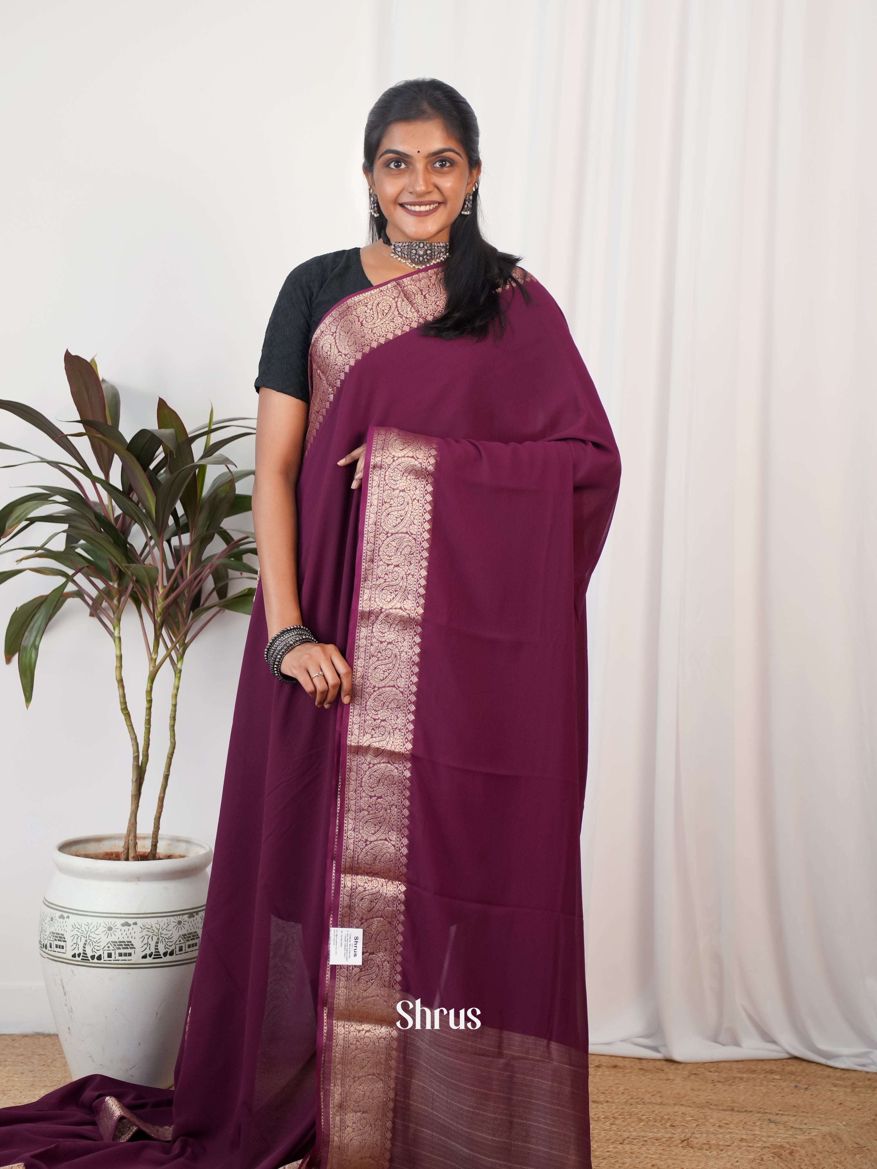 Maroon - Semi Georgette Saree - Shop on Shrus.com