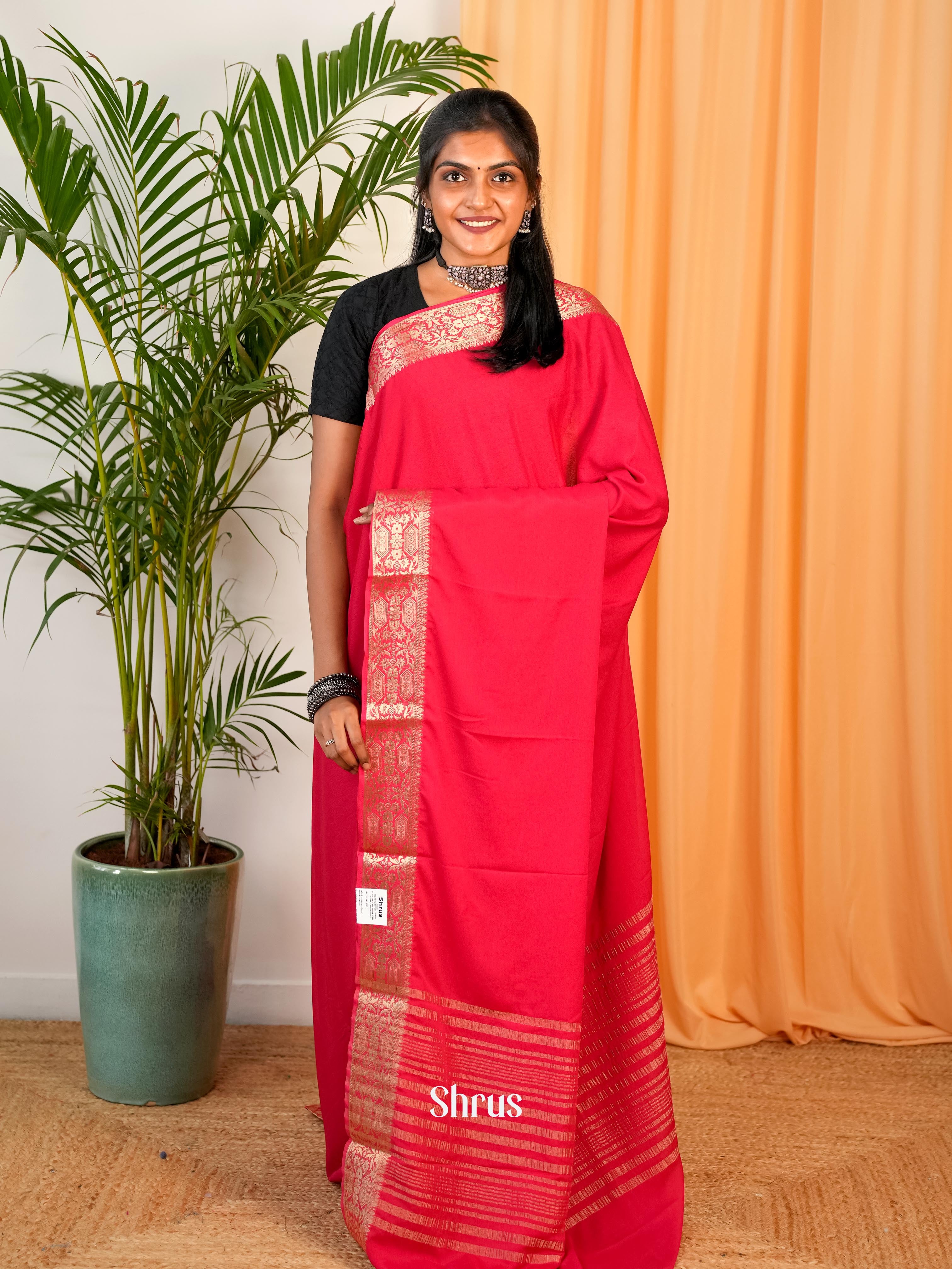 Reddish Pink - Semi Mysoresilk Saree - Shop on Shrus.com