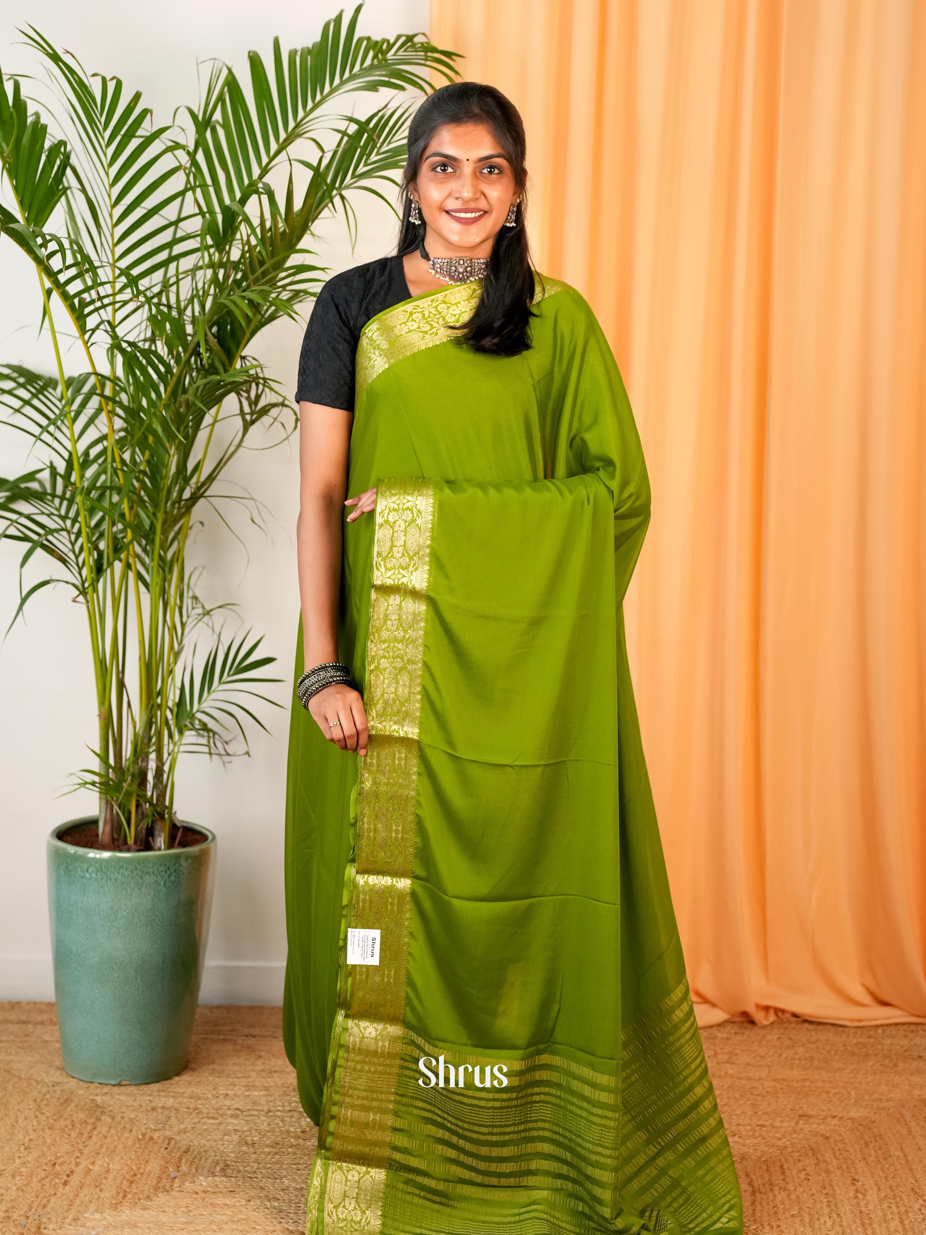 Leaf Green - Semi Mysoresilk Saree - Shop on Shrus.com