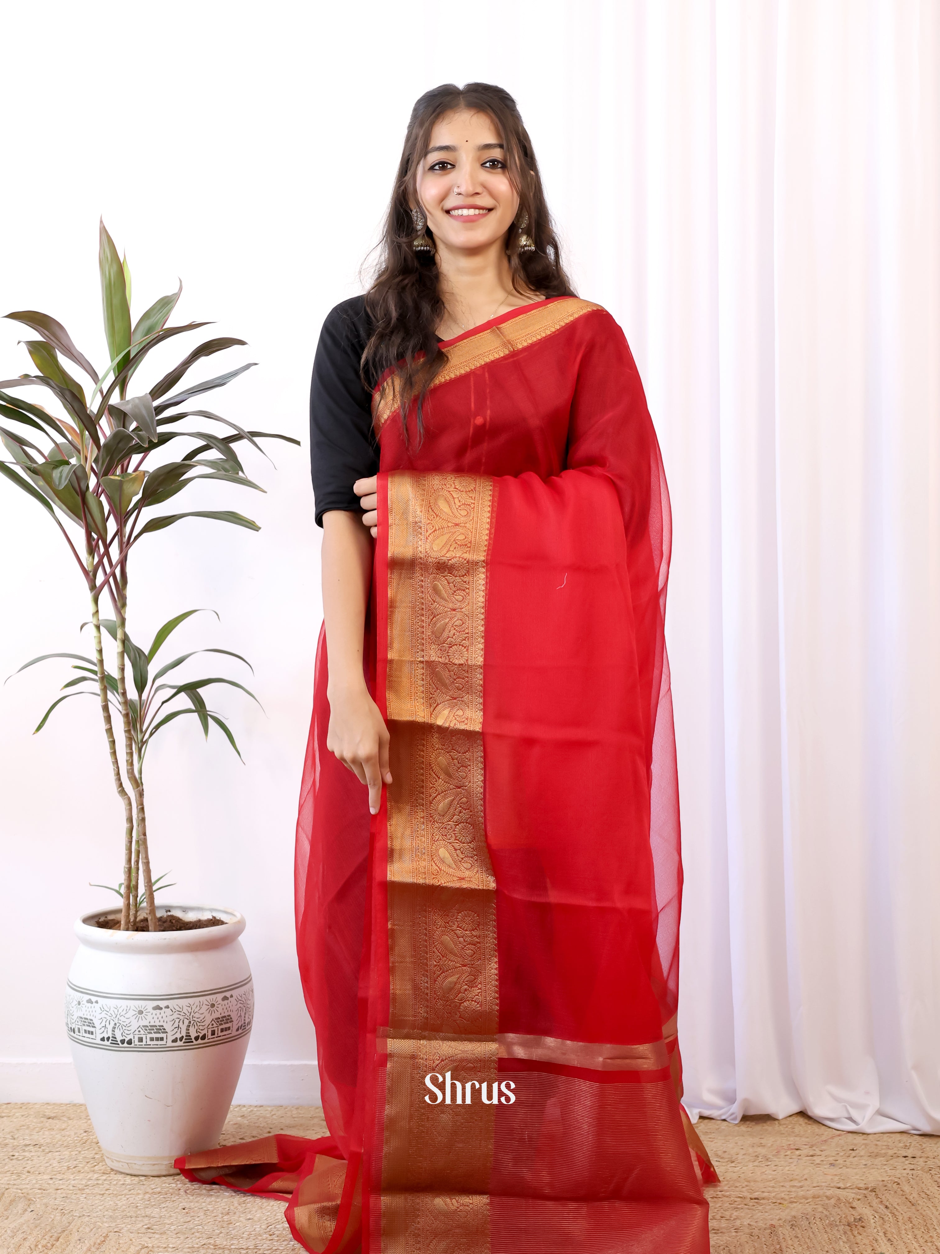 Red & Mustard - Semi Organza Saree - Shop on Shrus.com