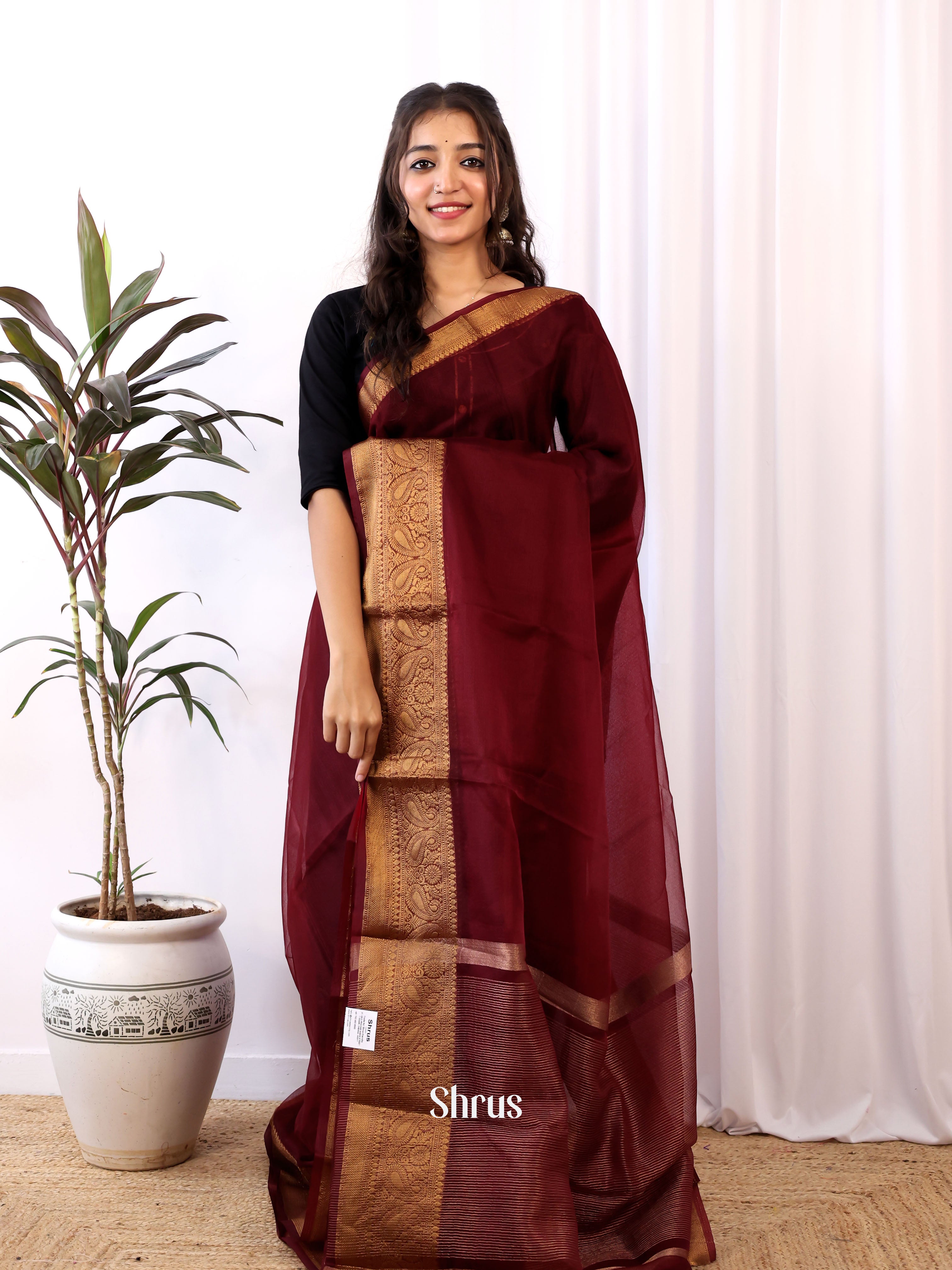 Maroon - Semi Organza Saree - Shop on Shrus.com