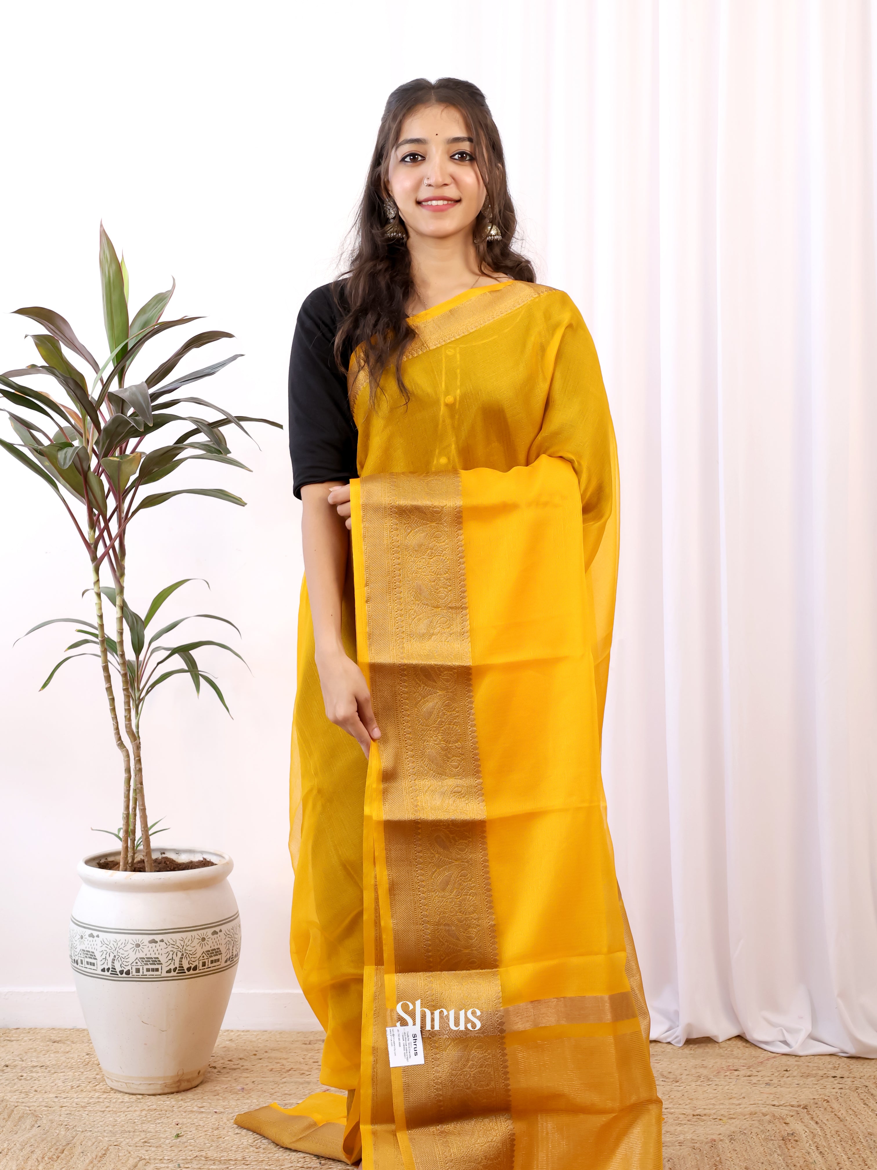 Mustard - Semi Organza Saree - Shop on Shrus.com