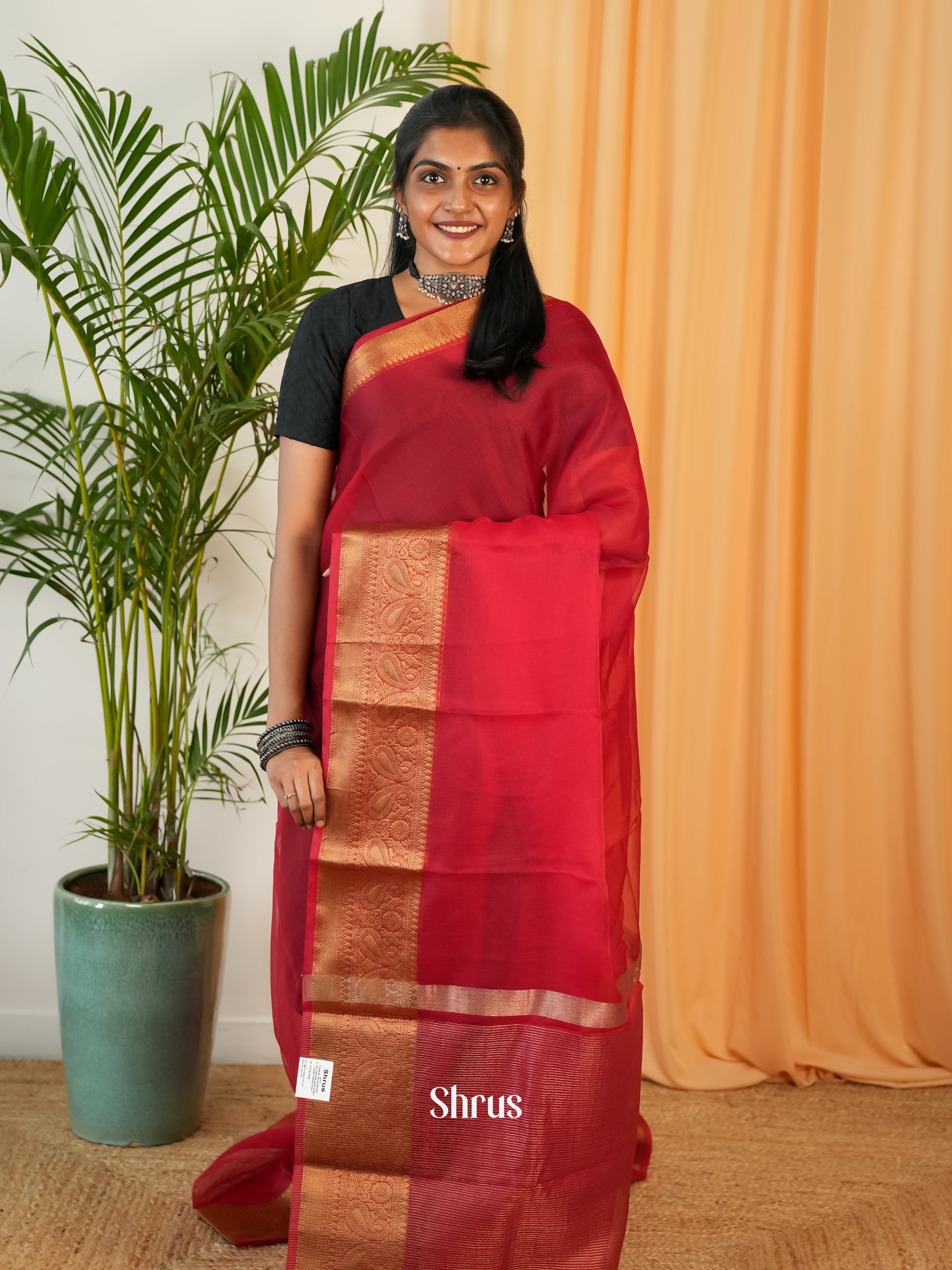 Red- Semi Organza Saree - Shop on Shrus.com