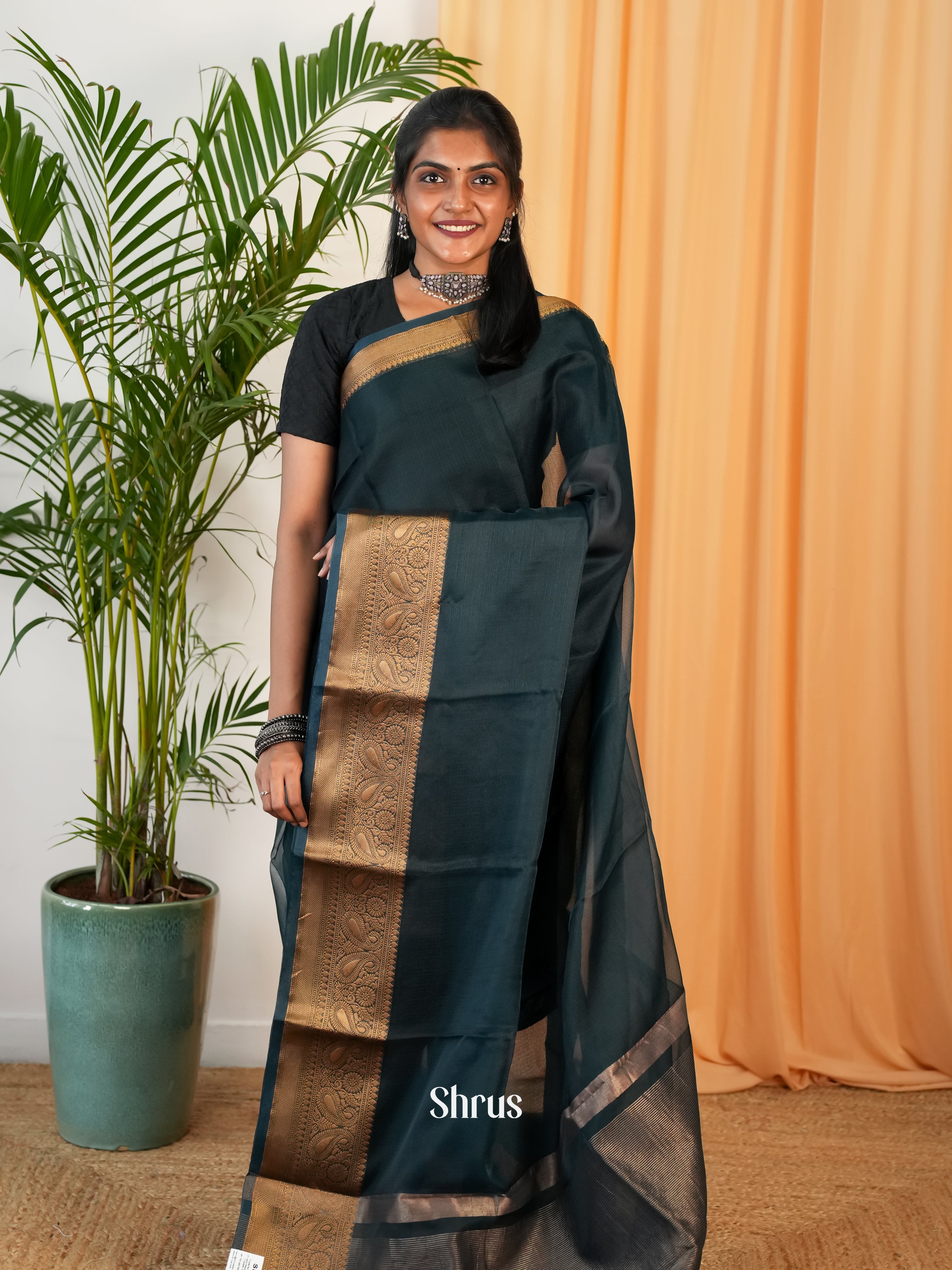 Dark Green - Semi Organza Saree - Shop on Shrus.com