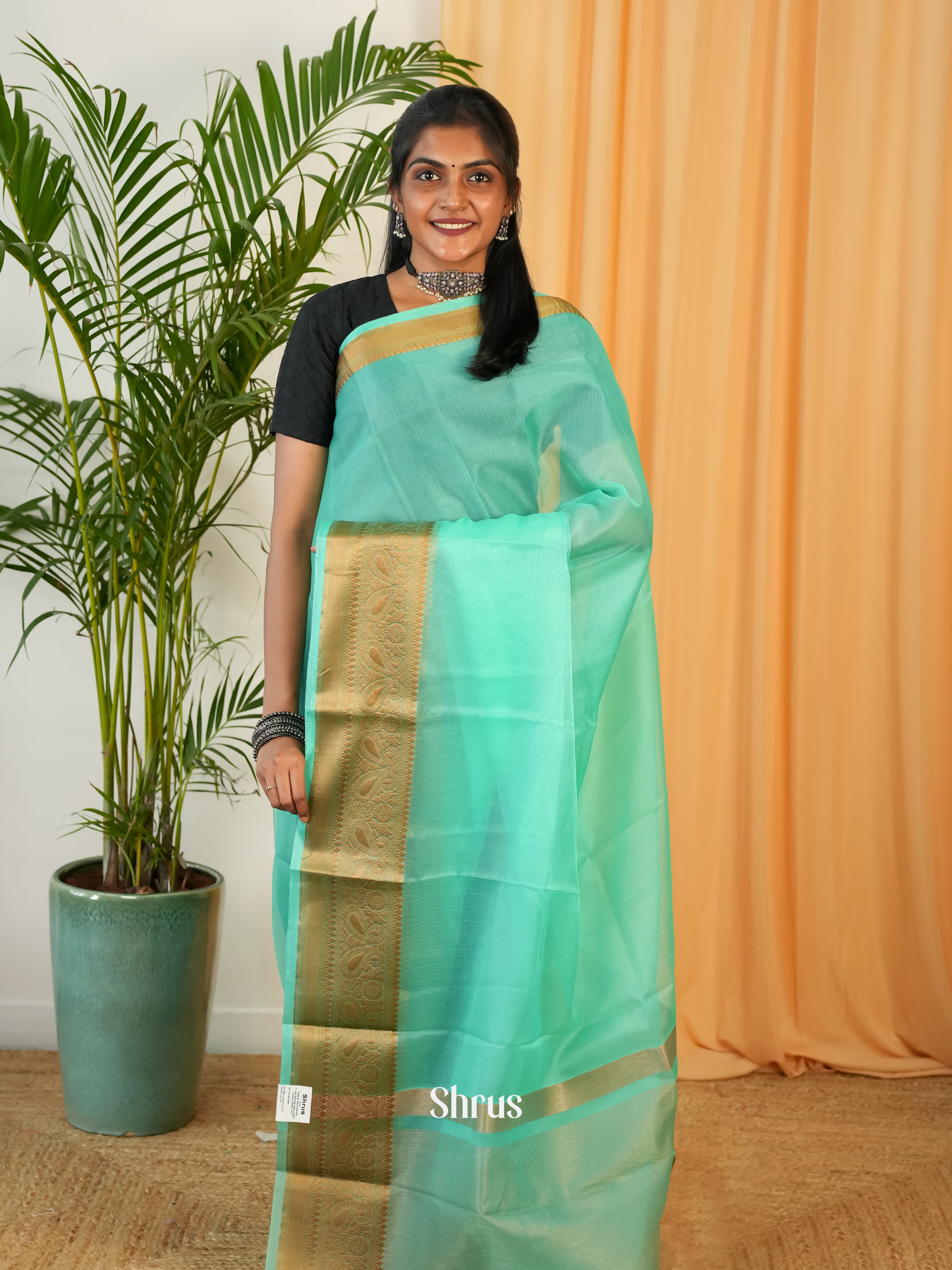 Teal - Semi Organza Saree - Shop on Shrus.com
