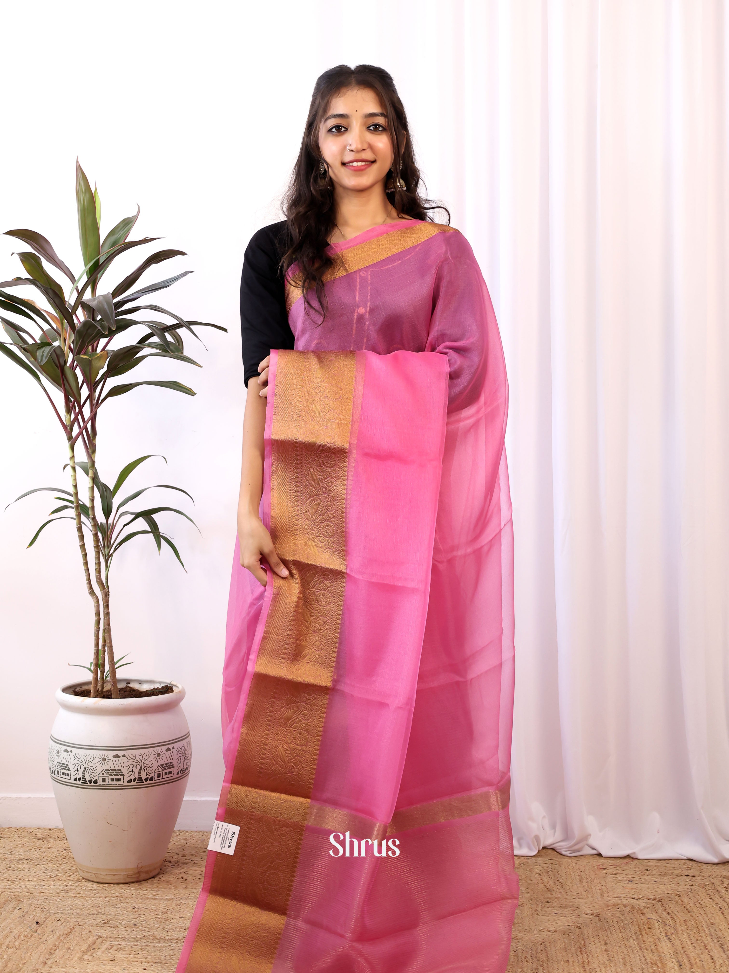 Pink- Semi Organza Saree - Shop on Shrus.com