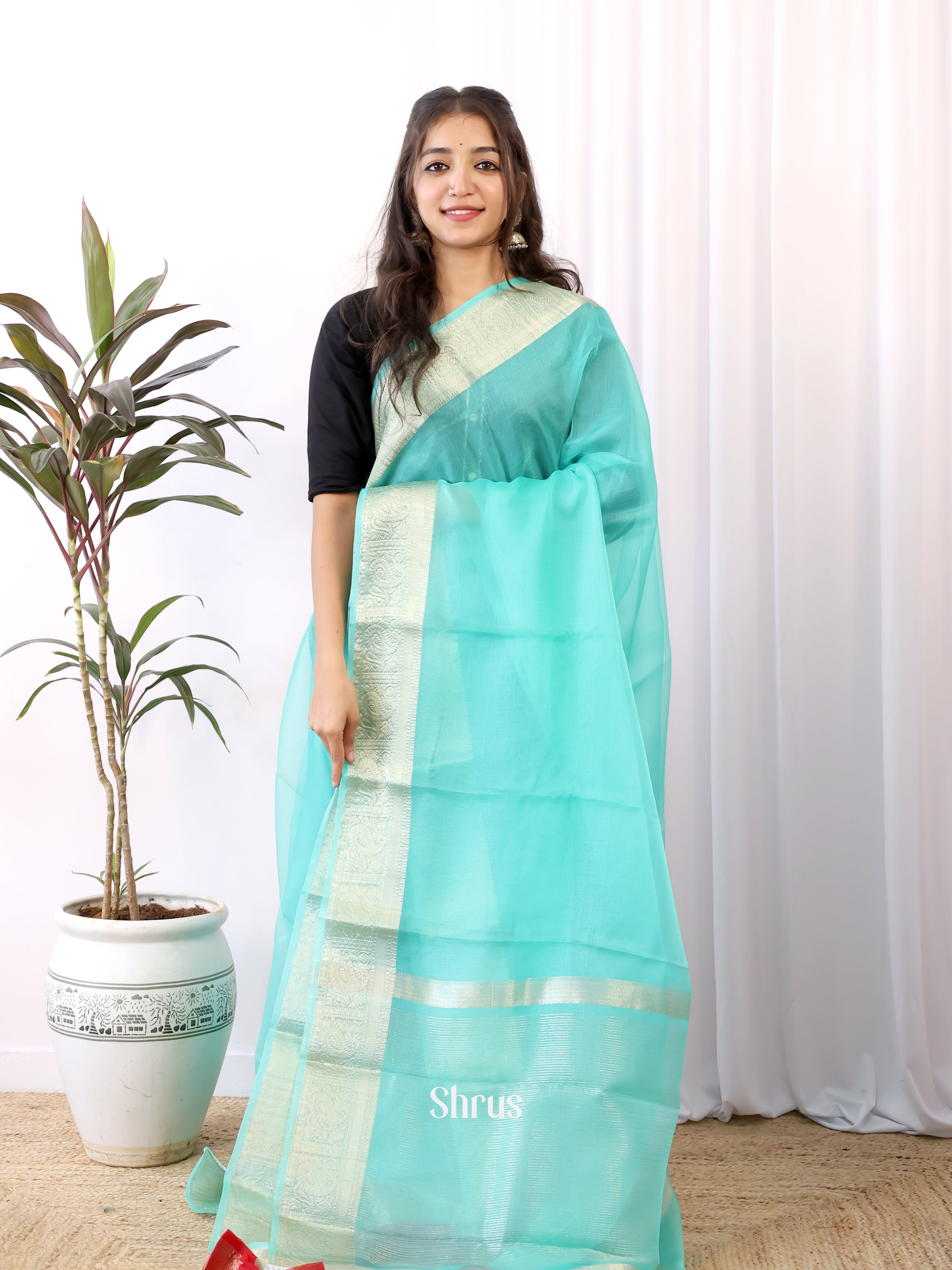Teal & Red - Semi Organza Saree - Shop on Shrus.com