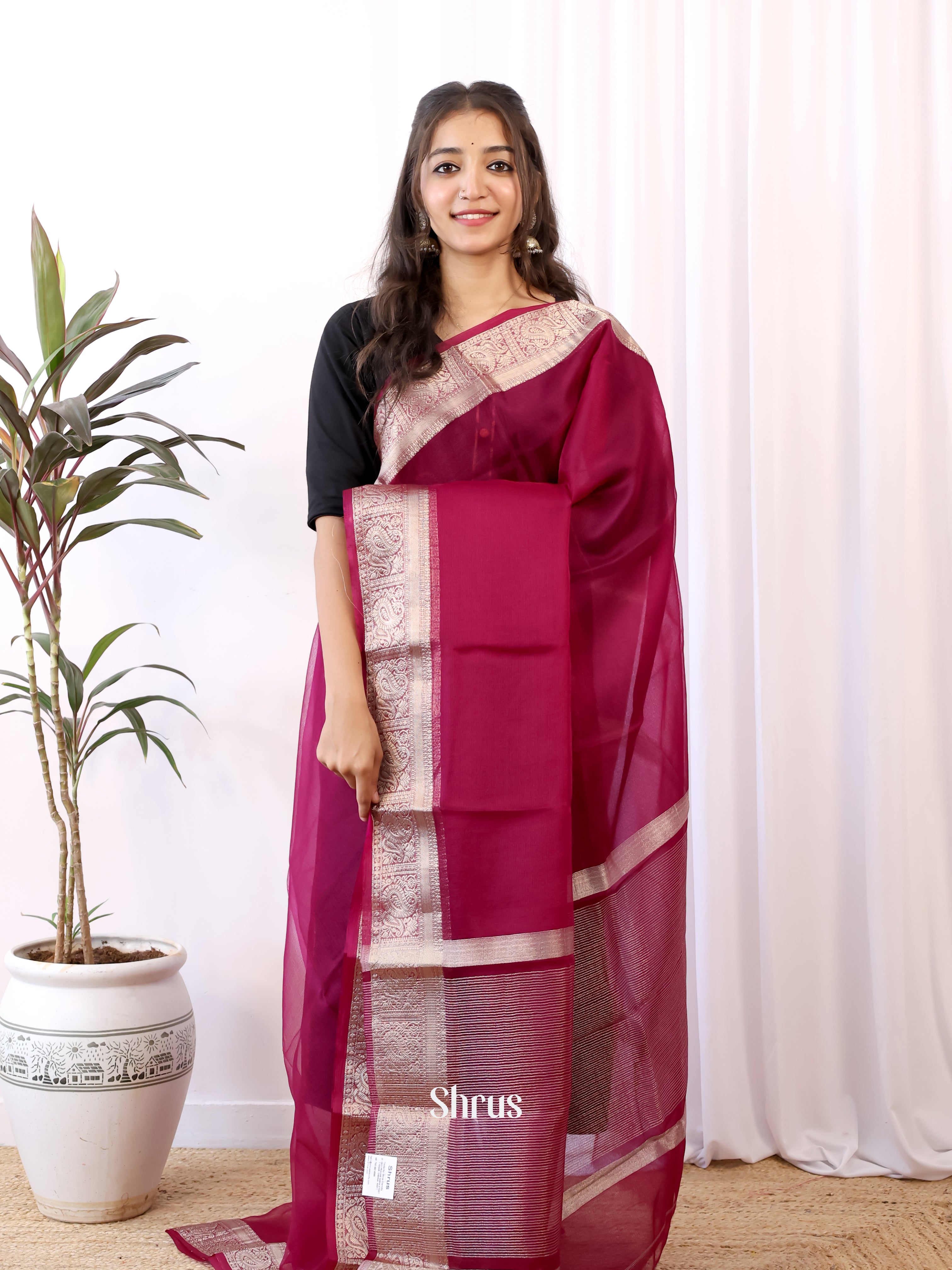 Wine- Semi Organza Saree - Shop on Shrus.com