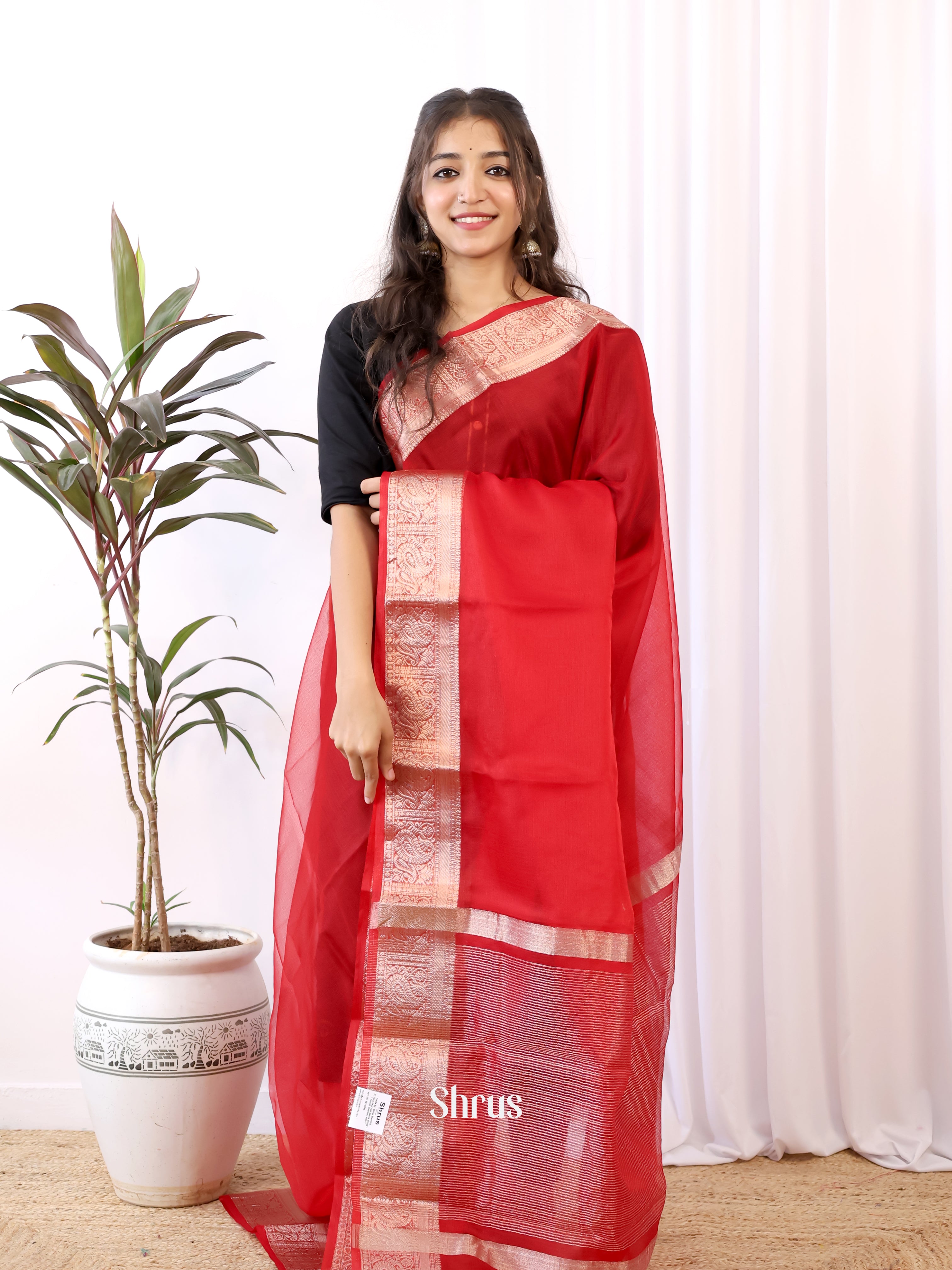 Red- Semi Organza Saree - Shop on Shrus.com