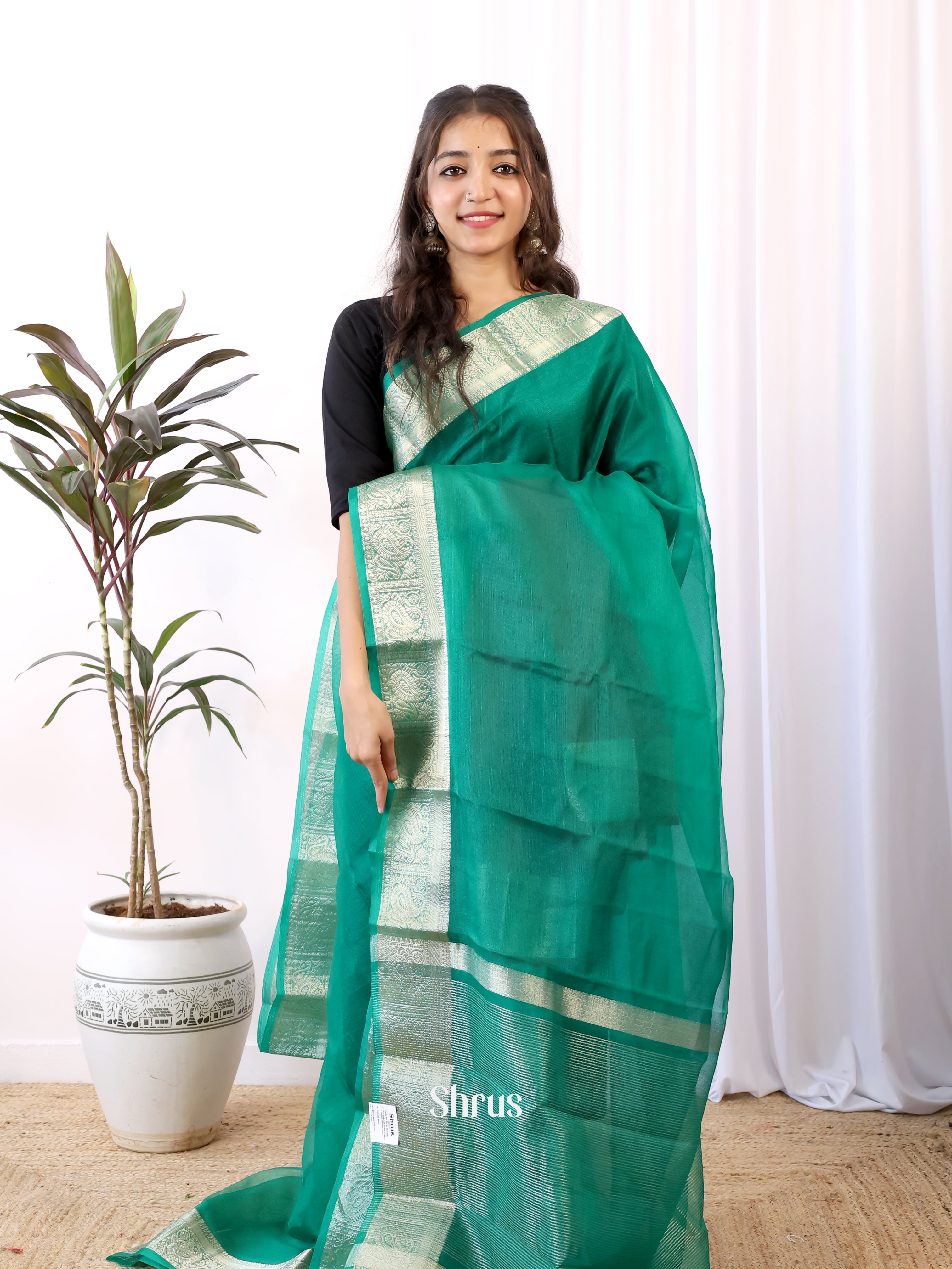 Green & Maroon - Semi Organza Saree - Shop on Shrus.com