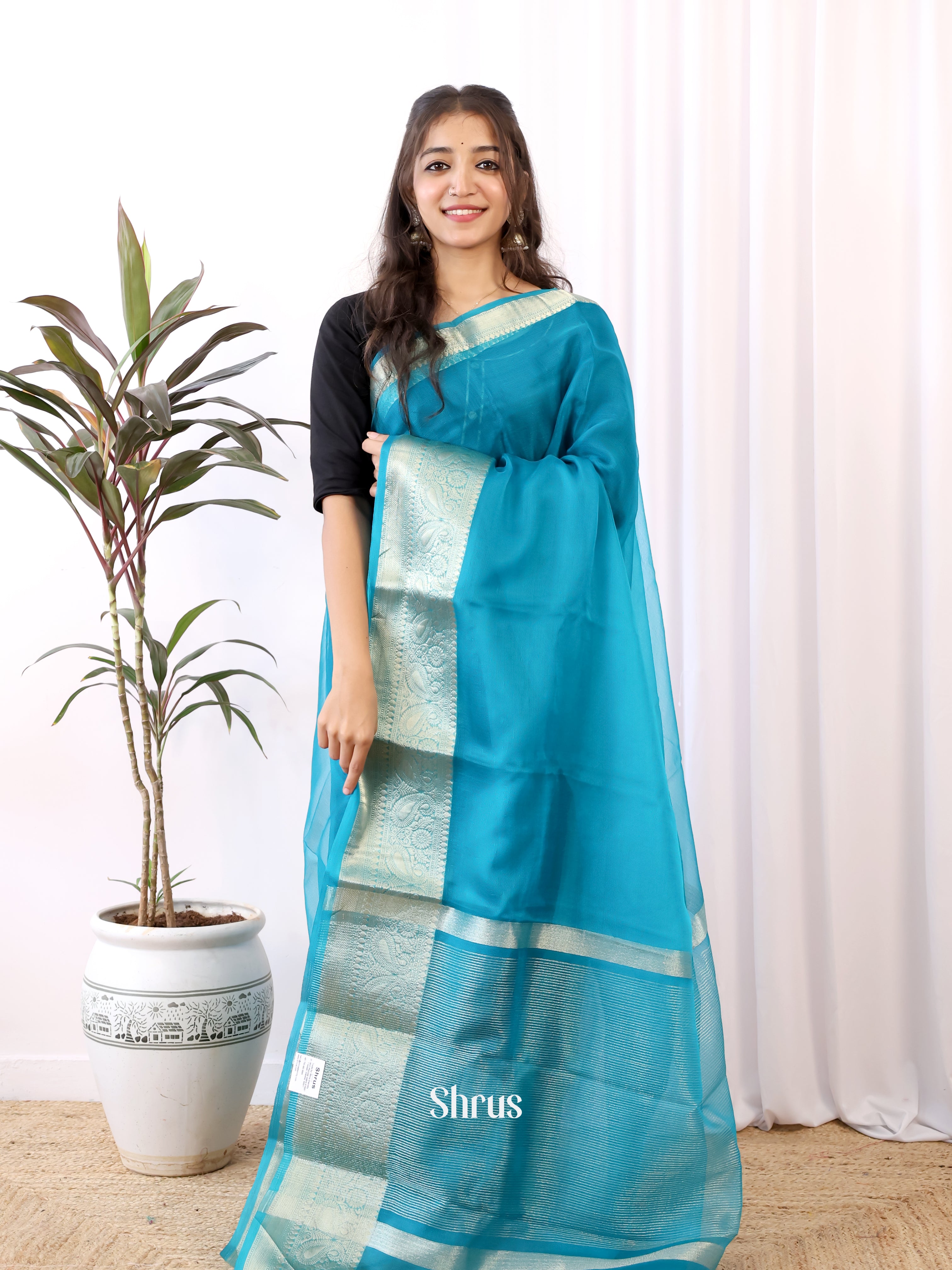 Blue - Semi Organza Saree - Shop on Shrus.com