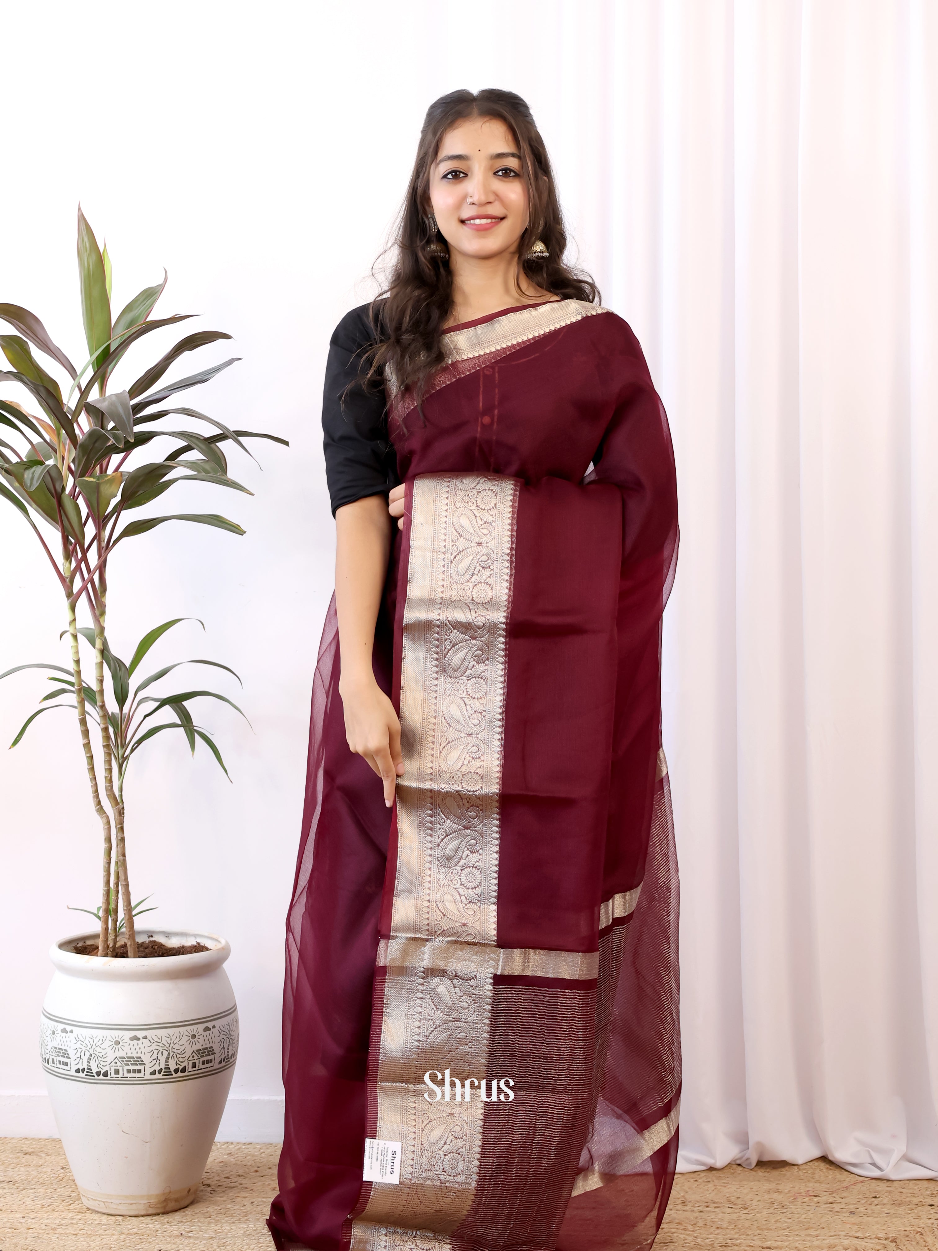 Maroon- Semi Organza Saree - Shop on Shrus.com