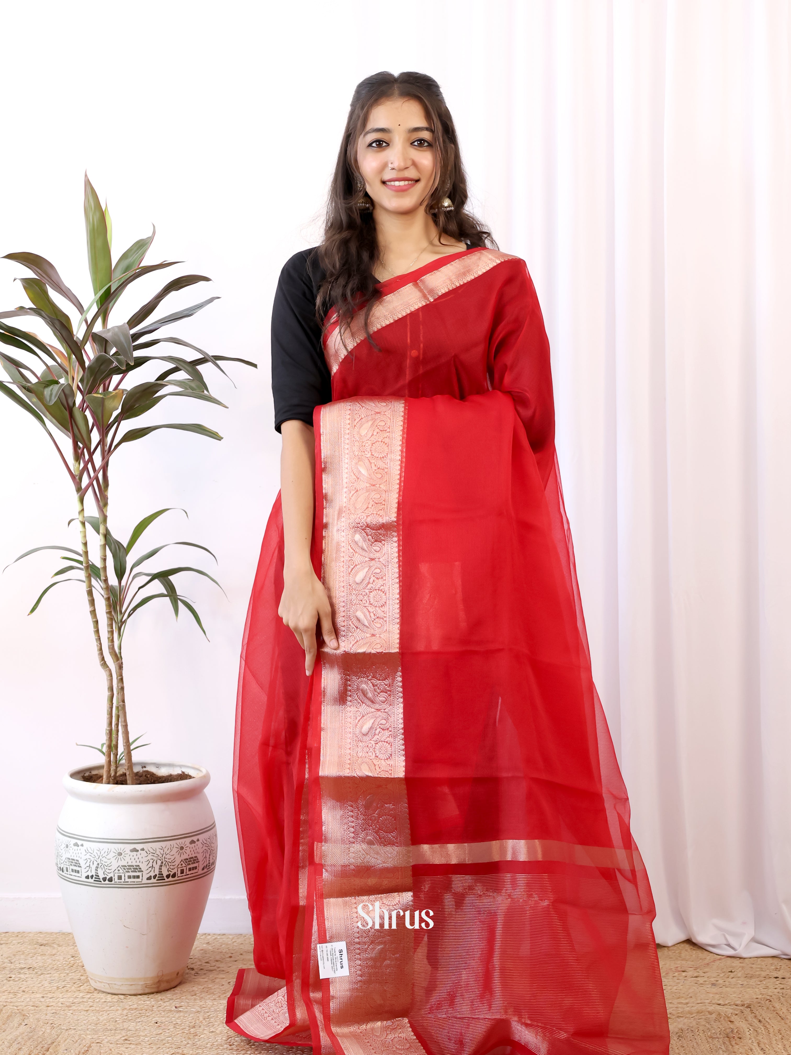 Red - Semi Organza Saree - Shop on Shrus.com