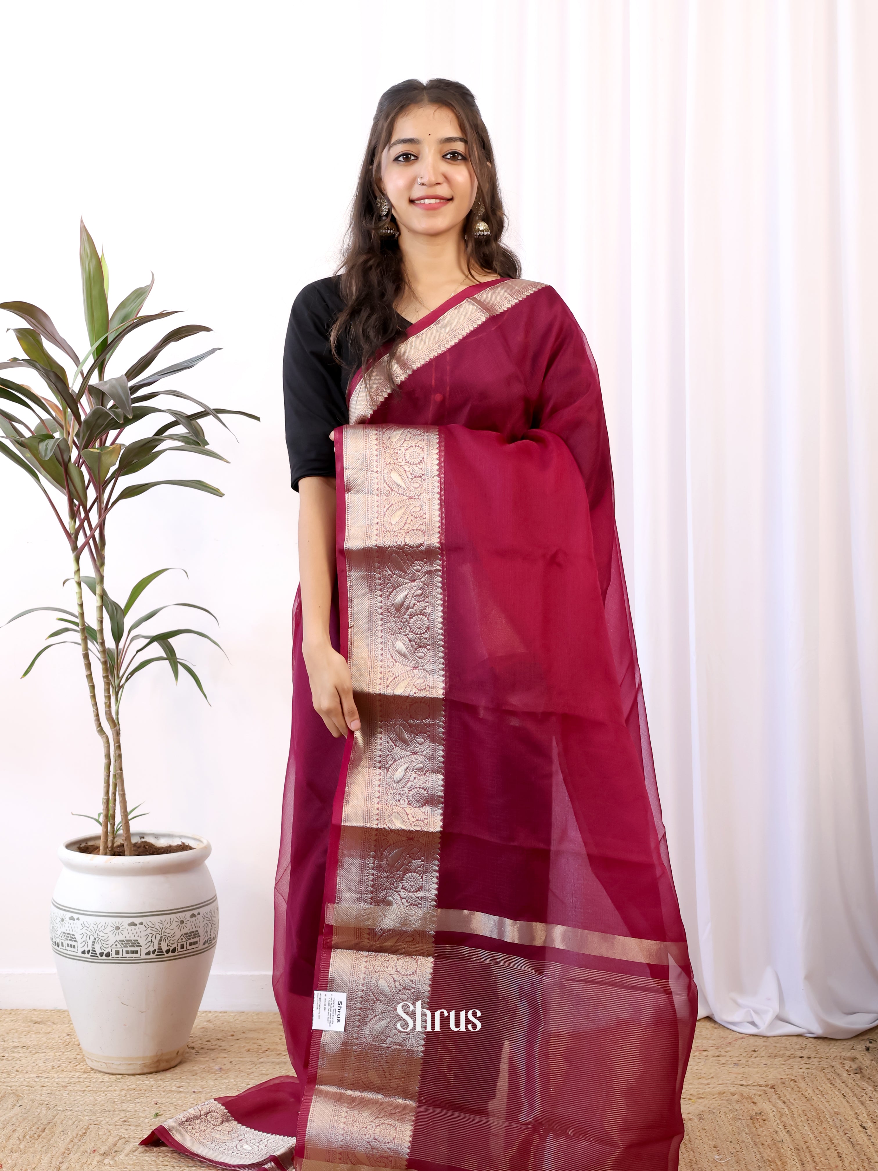 Wine - Semi Organza Saree - Shop on Shrus.com
