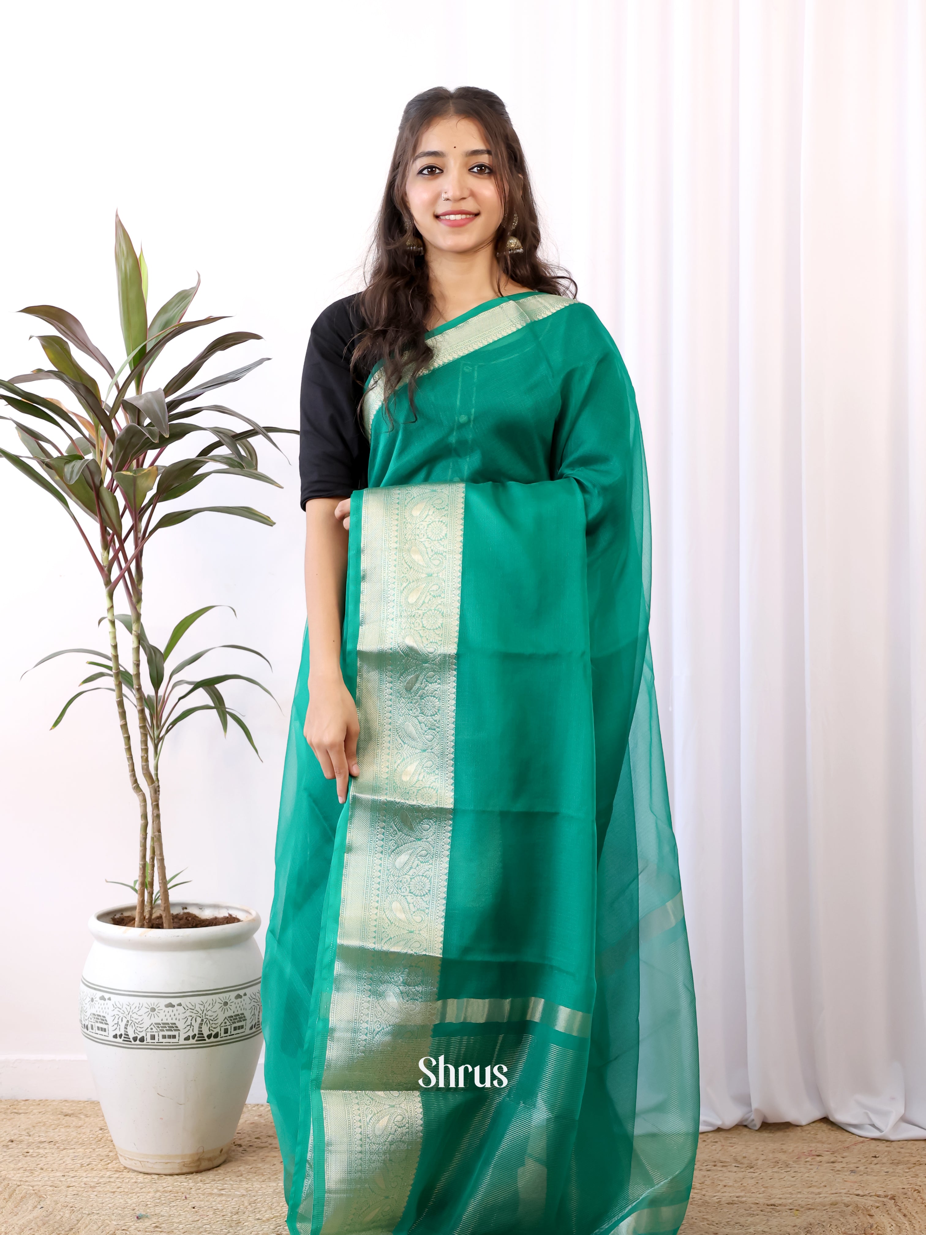 Green & Blue - Semi Organza Saree - Shop on Shrus.com