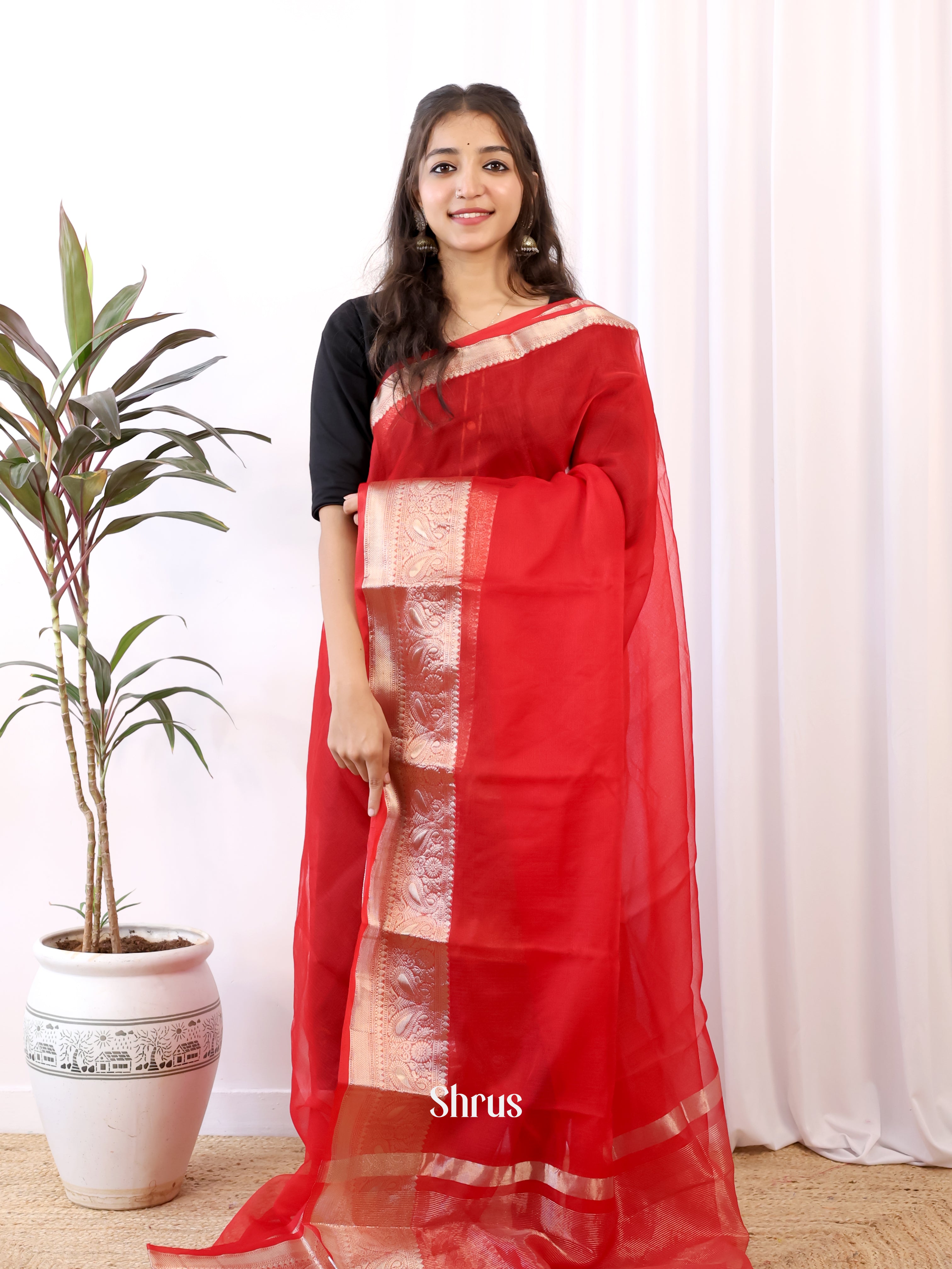 Red & Green - Semi Organza Saree - Shop on Shrus.com