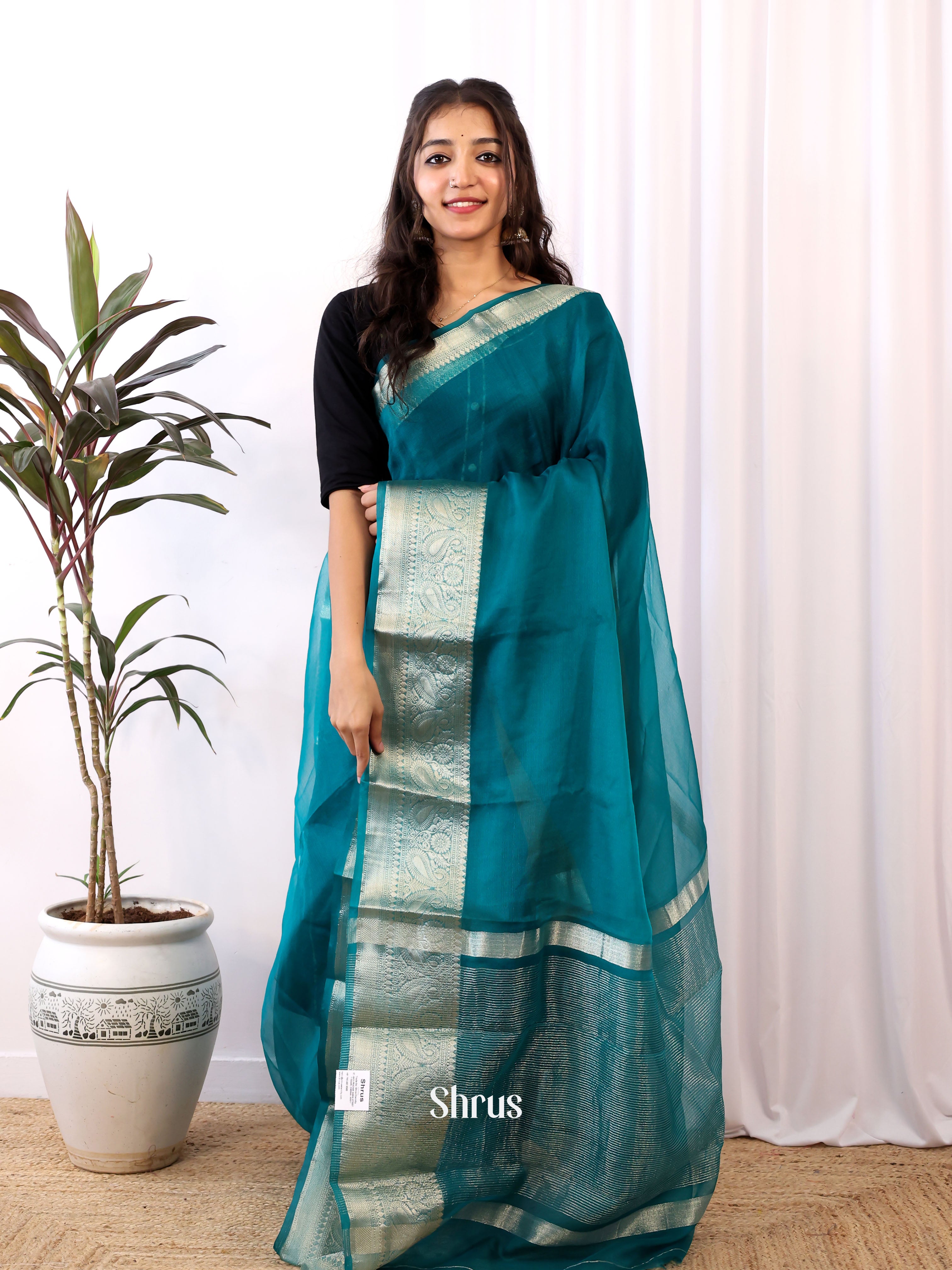 Green & Mustard - Semi Organza Saree - Shop on Shrus.com