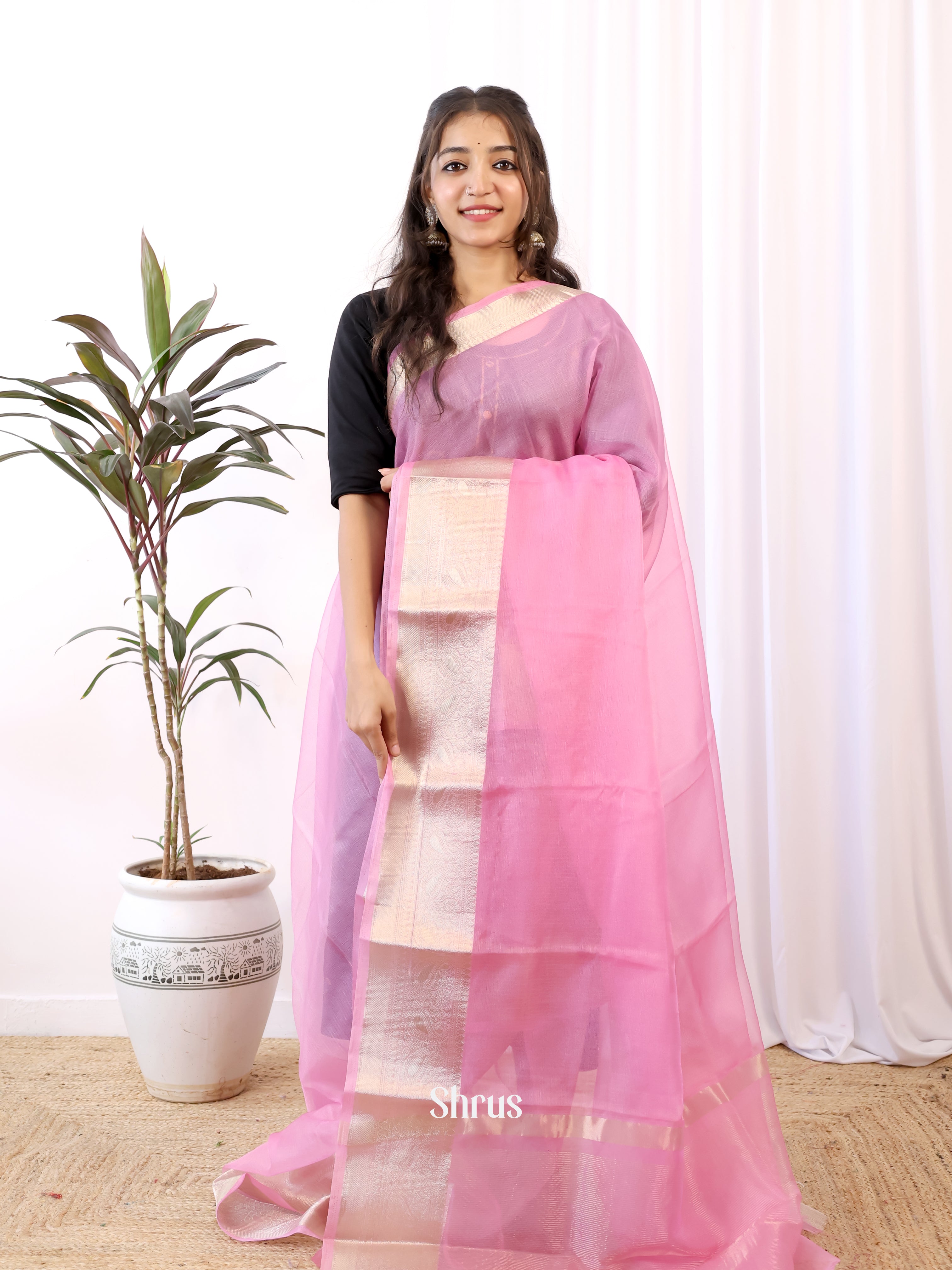 Pink - Semi Organza Saree - Shop on Shrus.com