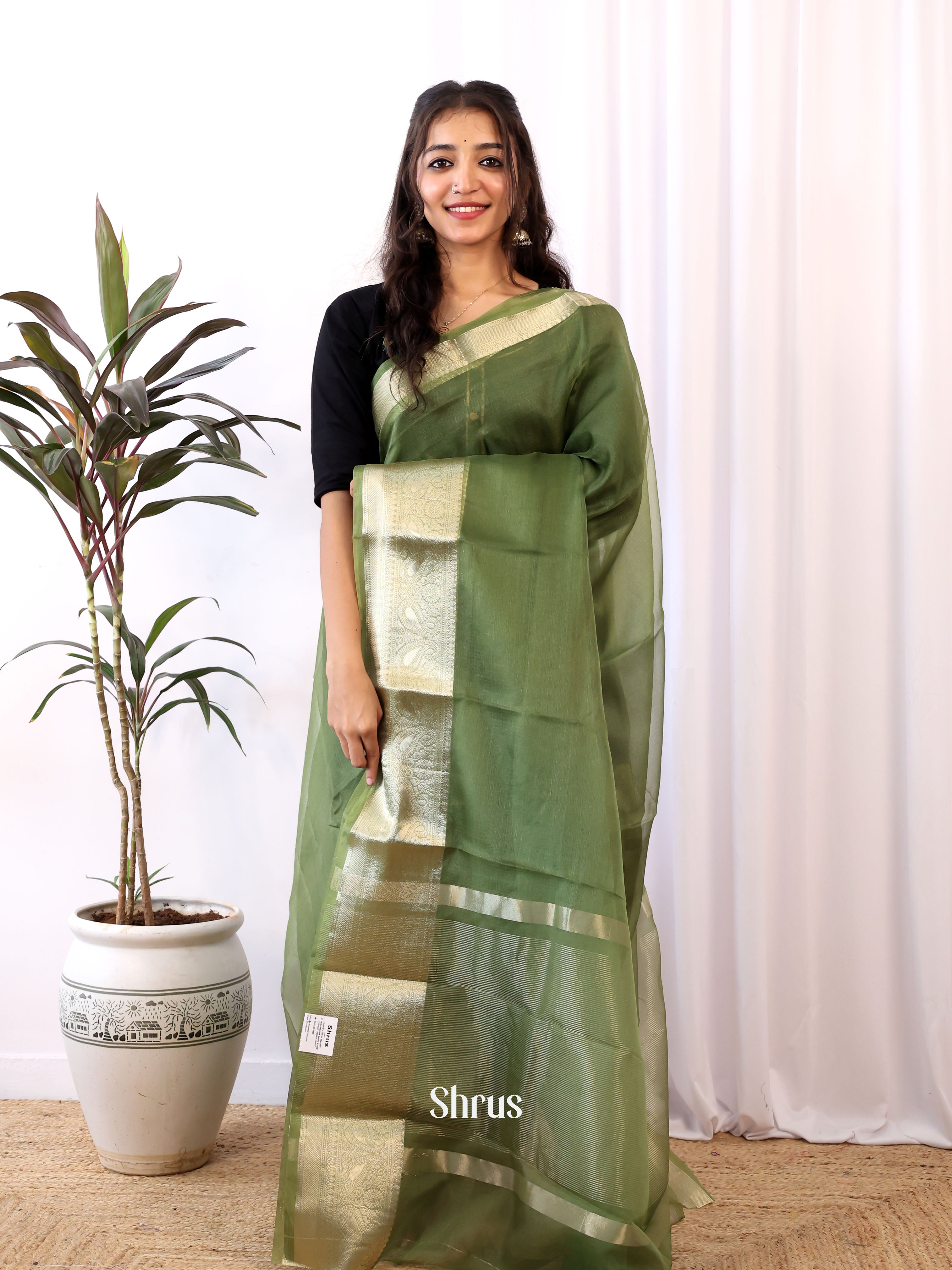 Green & Grey - Semi Organza Saree - Shop on Shrus.com