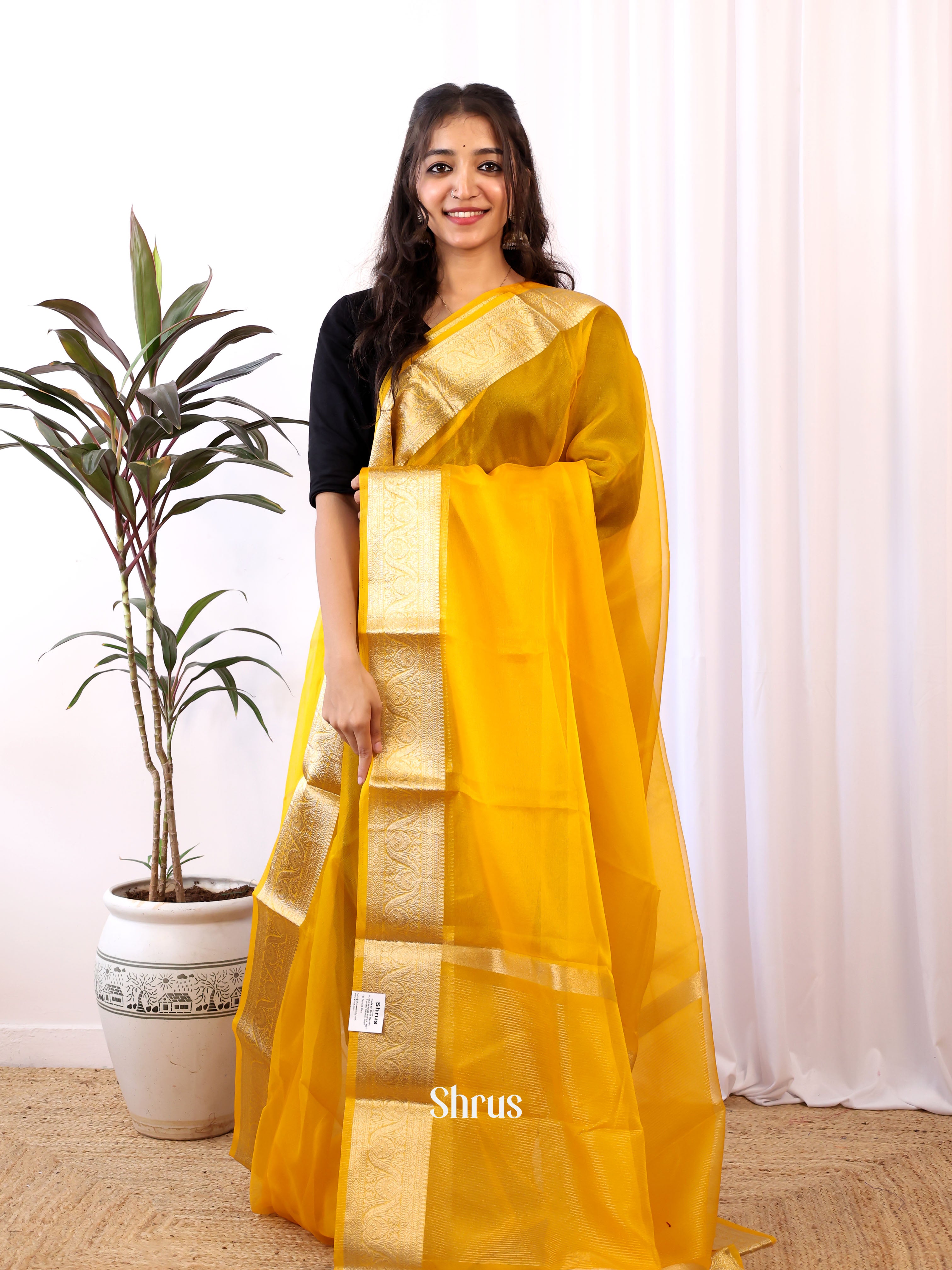 Yellow- Semi Organza Saree - Shop on Shrus.com