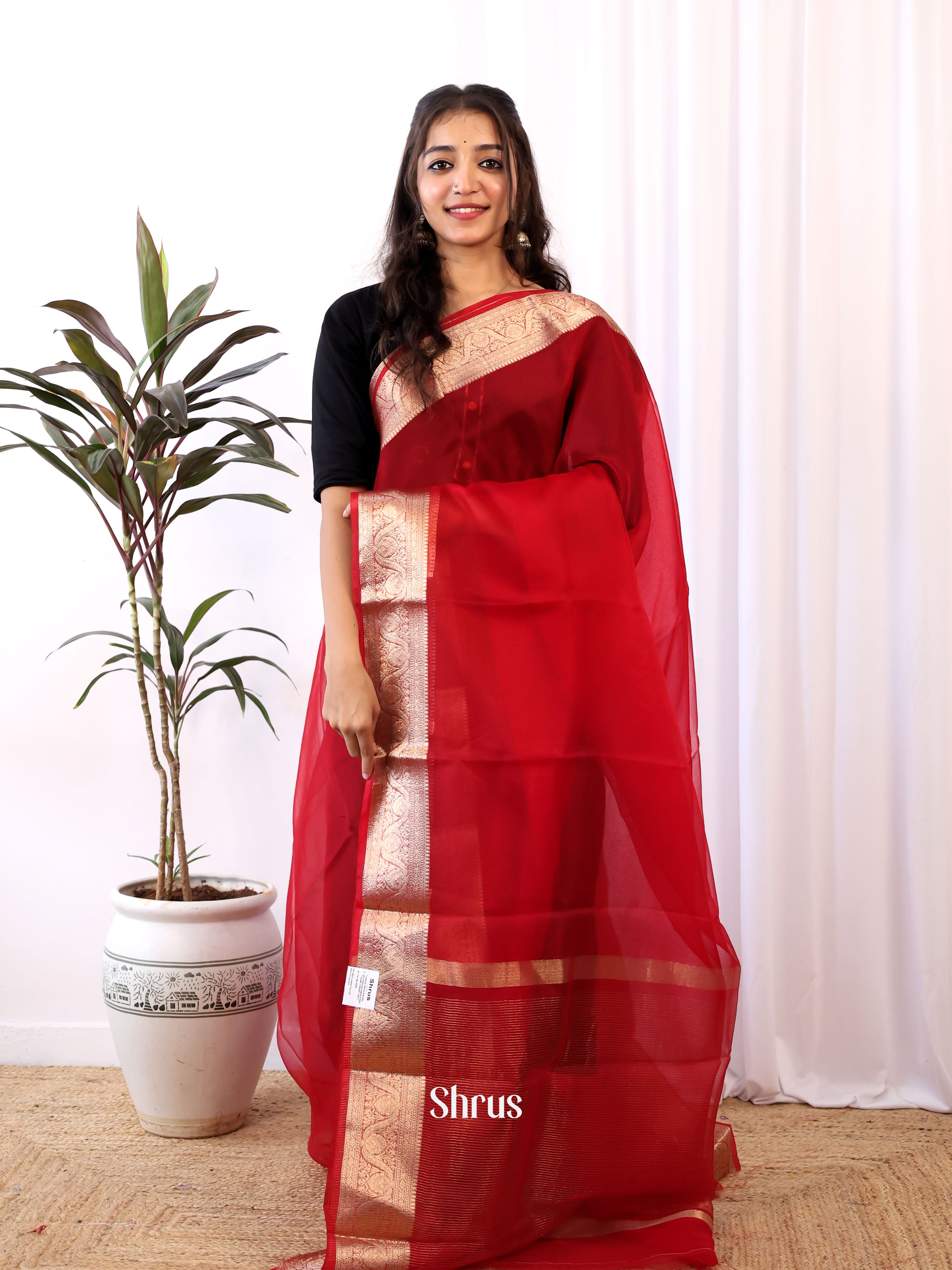 Red - Semi Organza Saree - Shop on Shrus.com