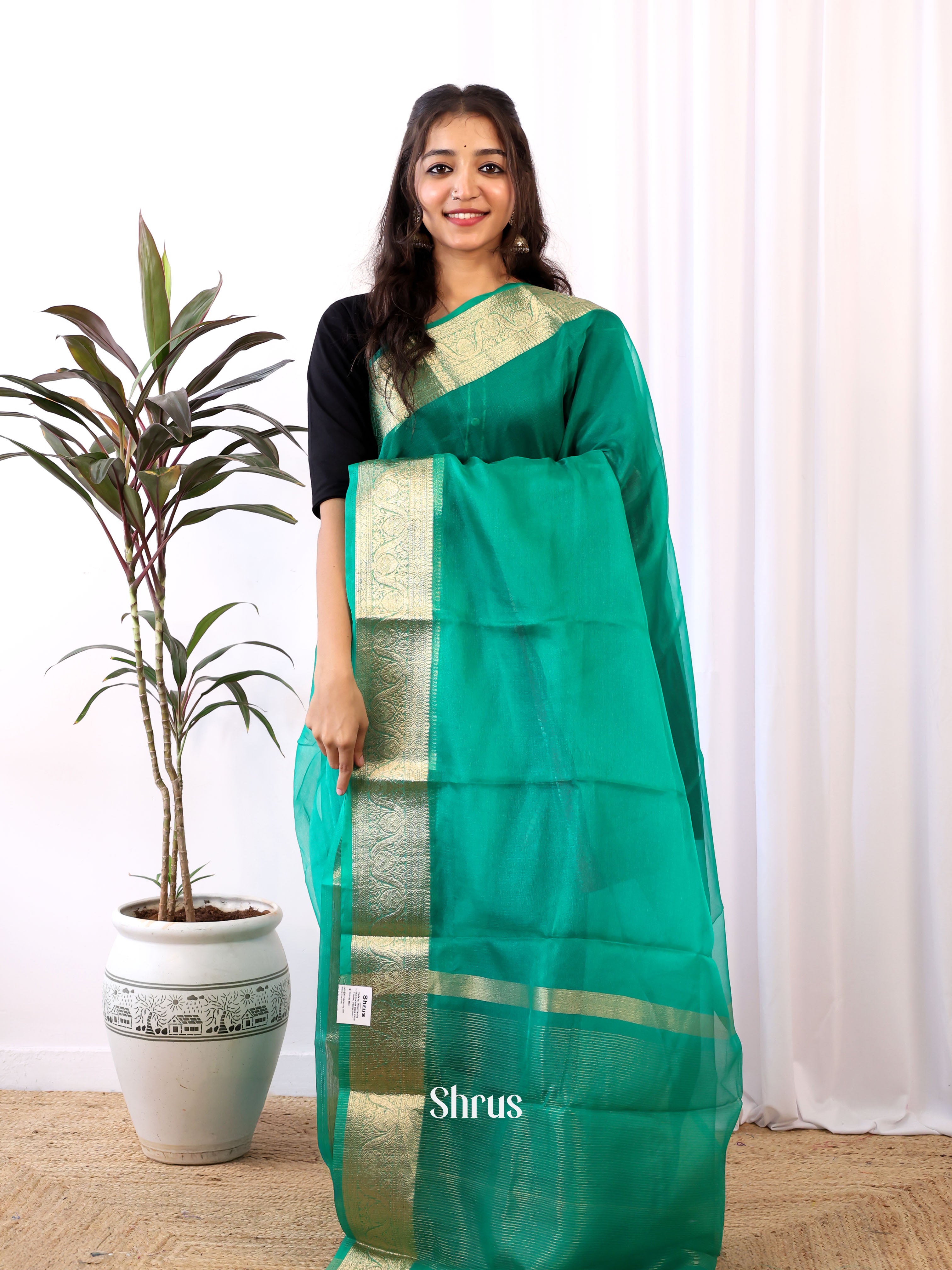 Green & Red - Semi Organza Saree - Shop on Shrus.com