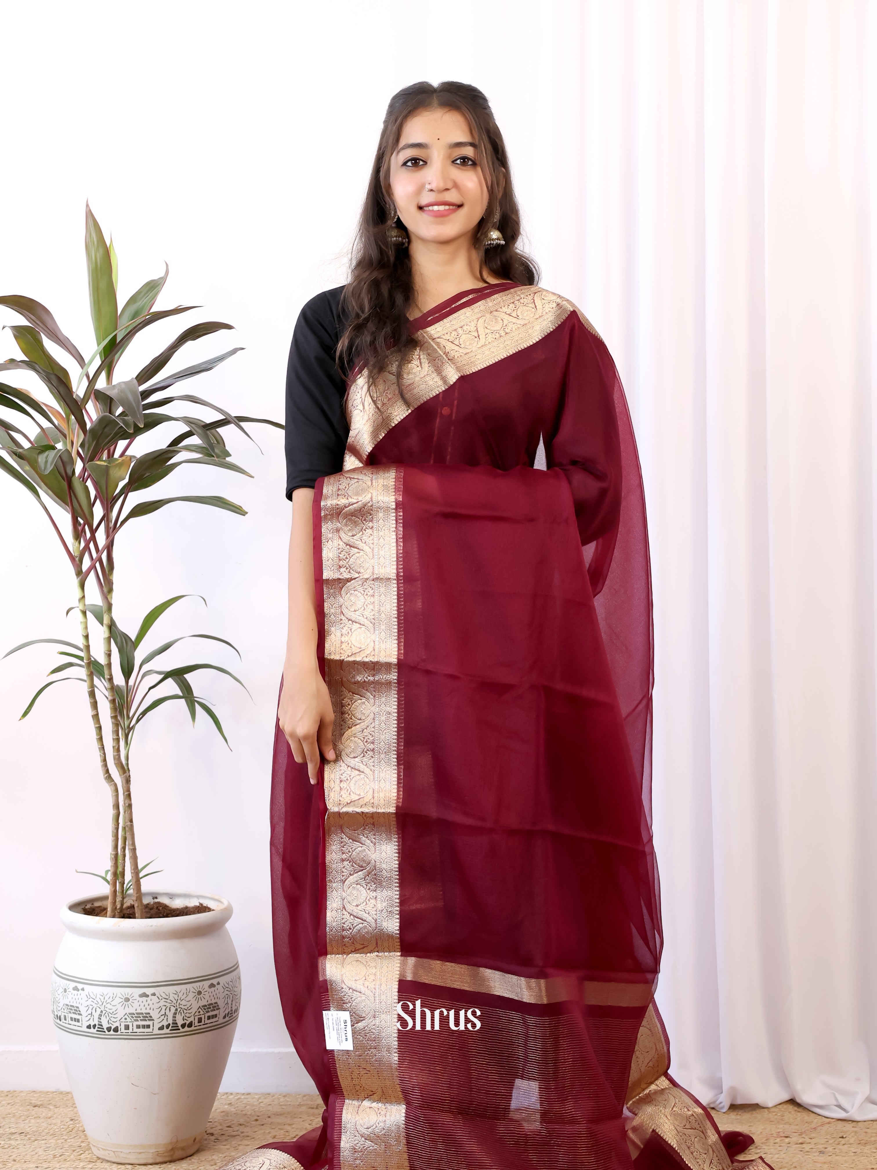 Maroon - Semi Organza Saree - Shop on Shrus.com