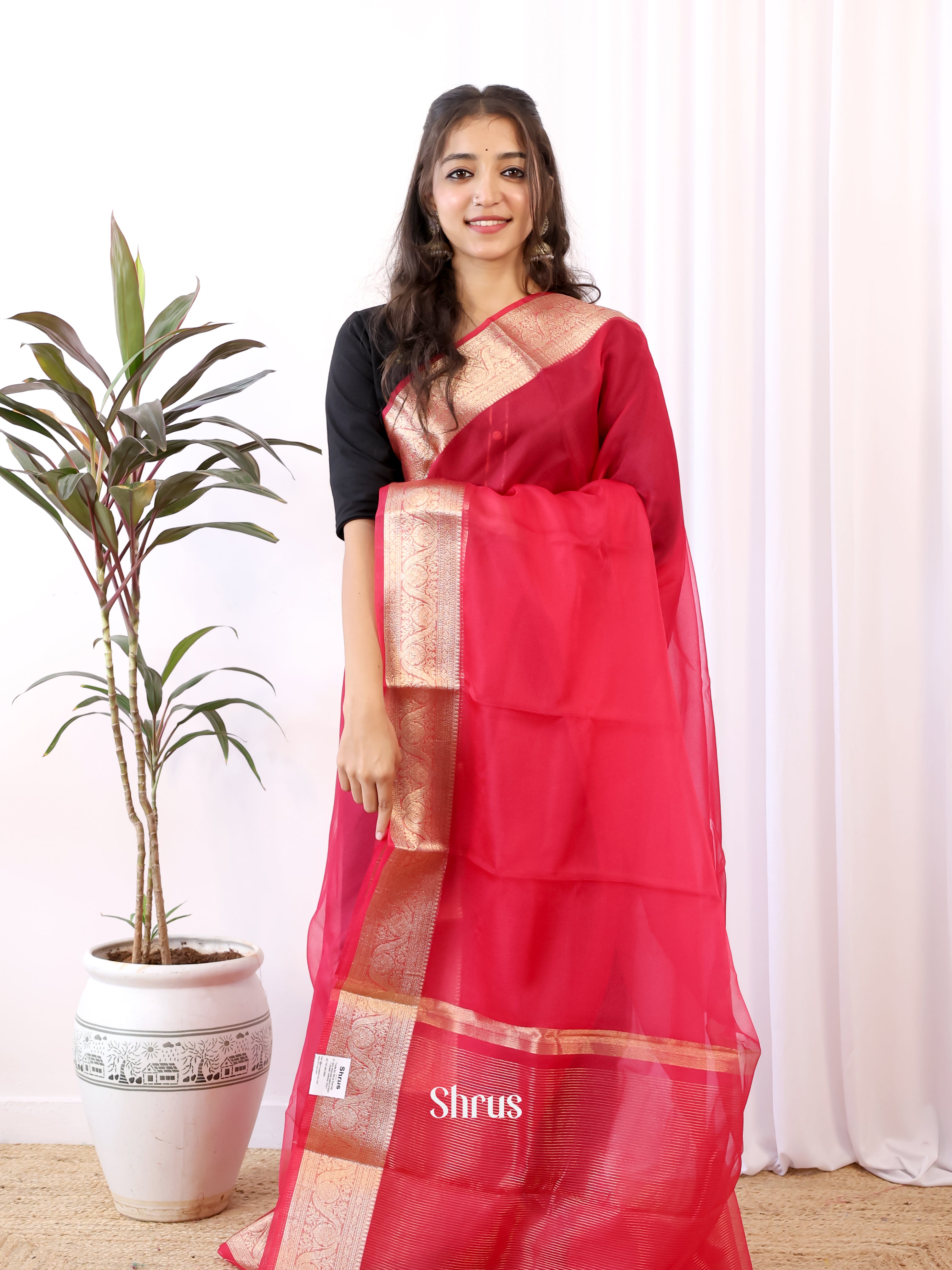 Red - Semi Organza Saree - Shop on Shrus.com