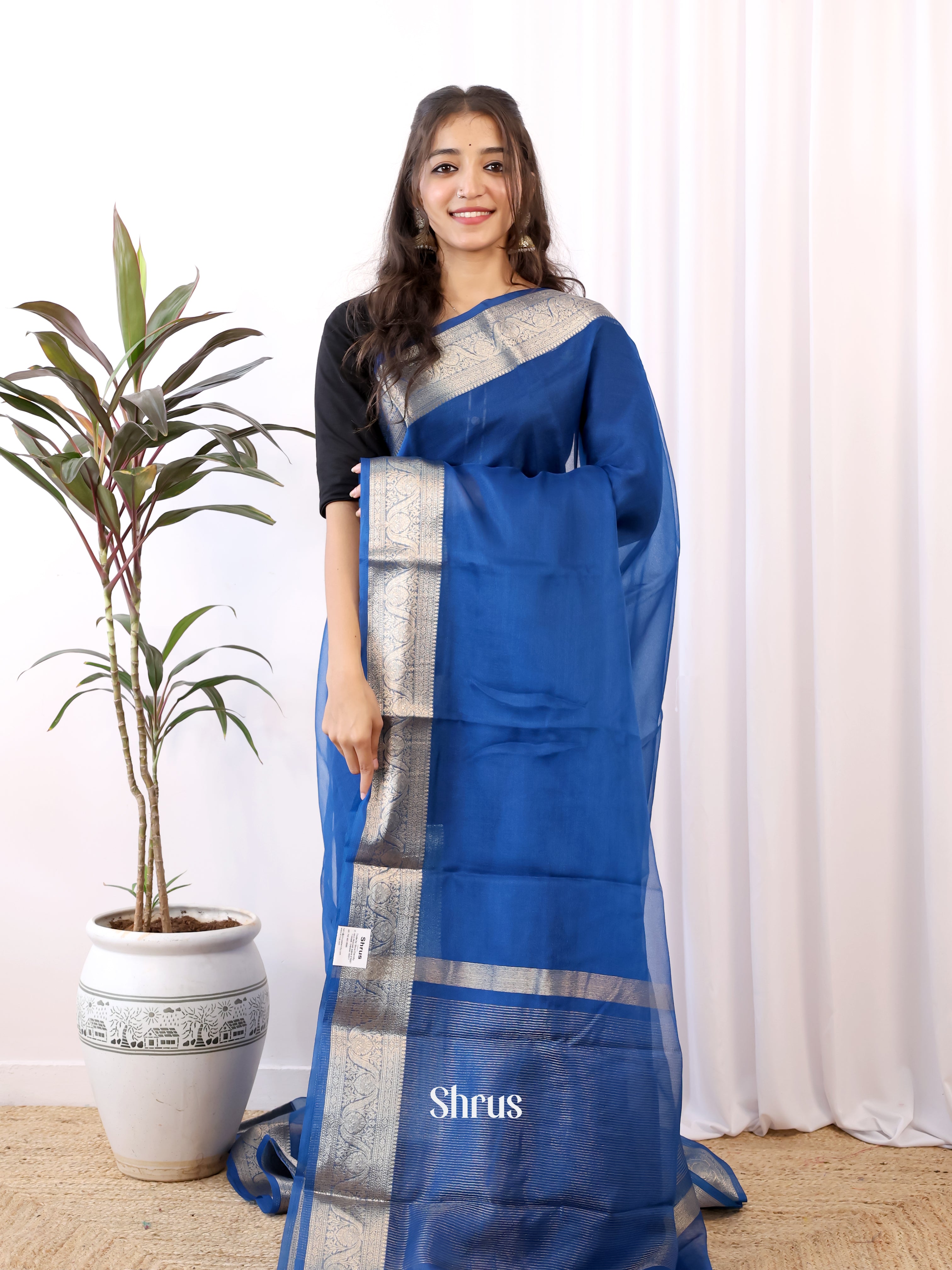 Blue - Semi Organza Saree - Shop on Shrus.com
