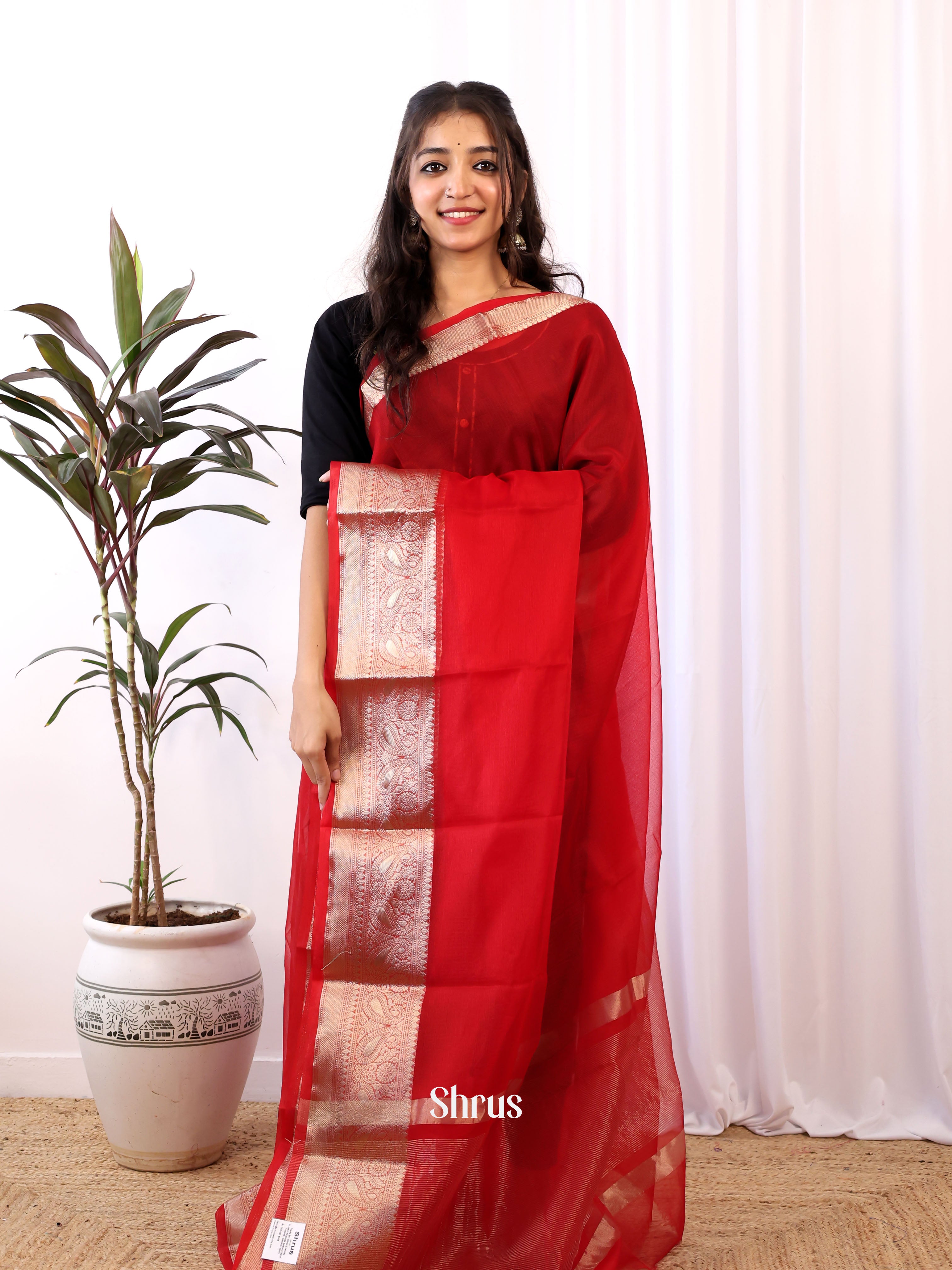 Red & Mustard - Semi Organza Saree - Shop on Shrus.com