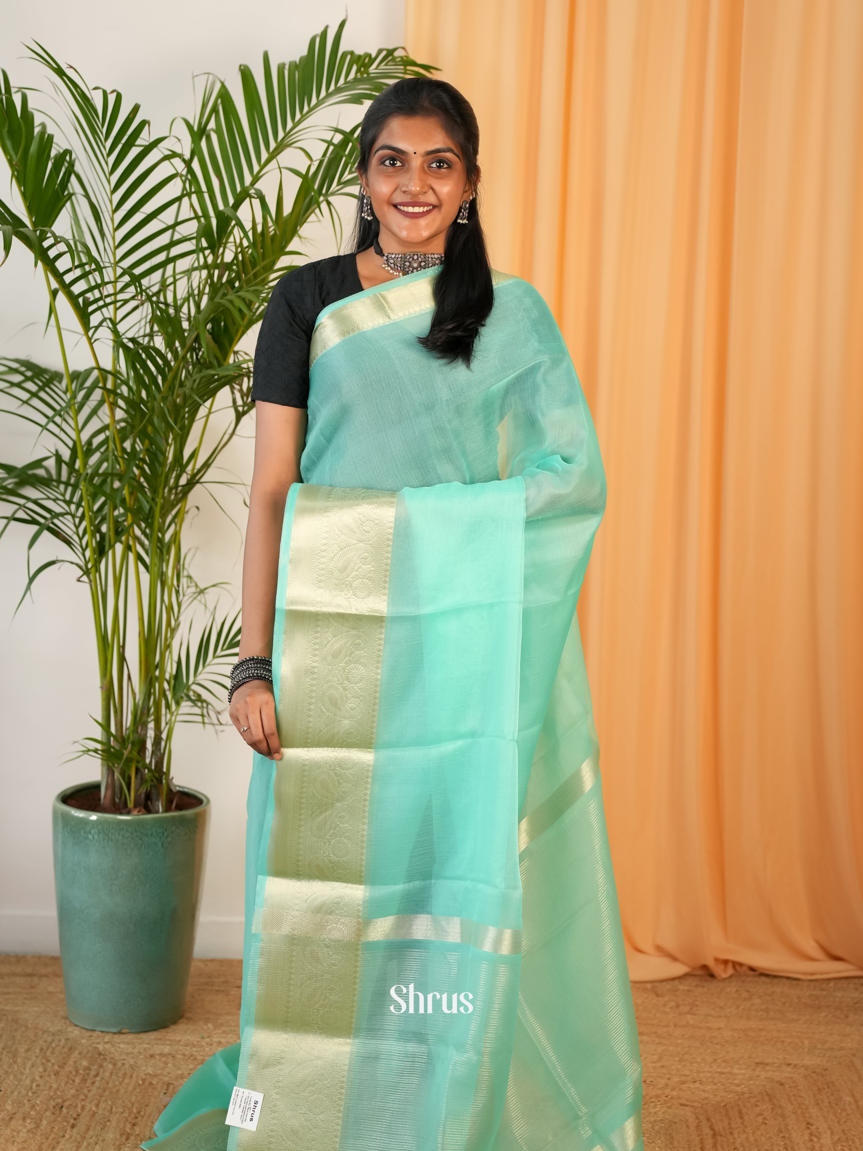 Aqua Green - Semi Organza Saree - Shop on Shrus.com