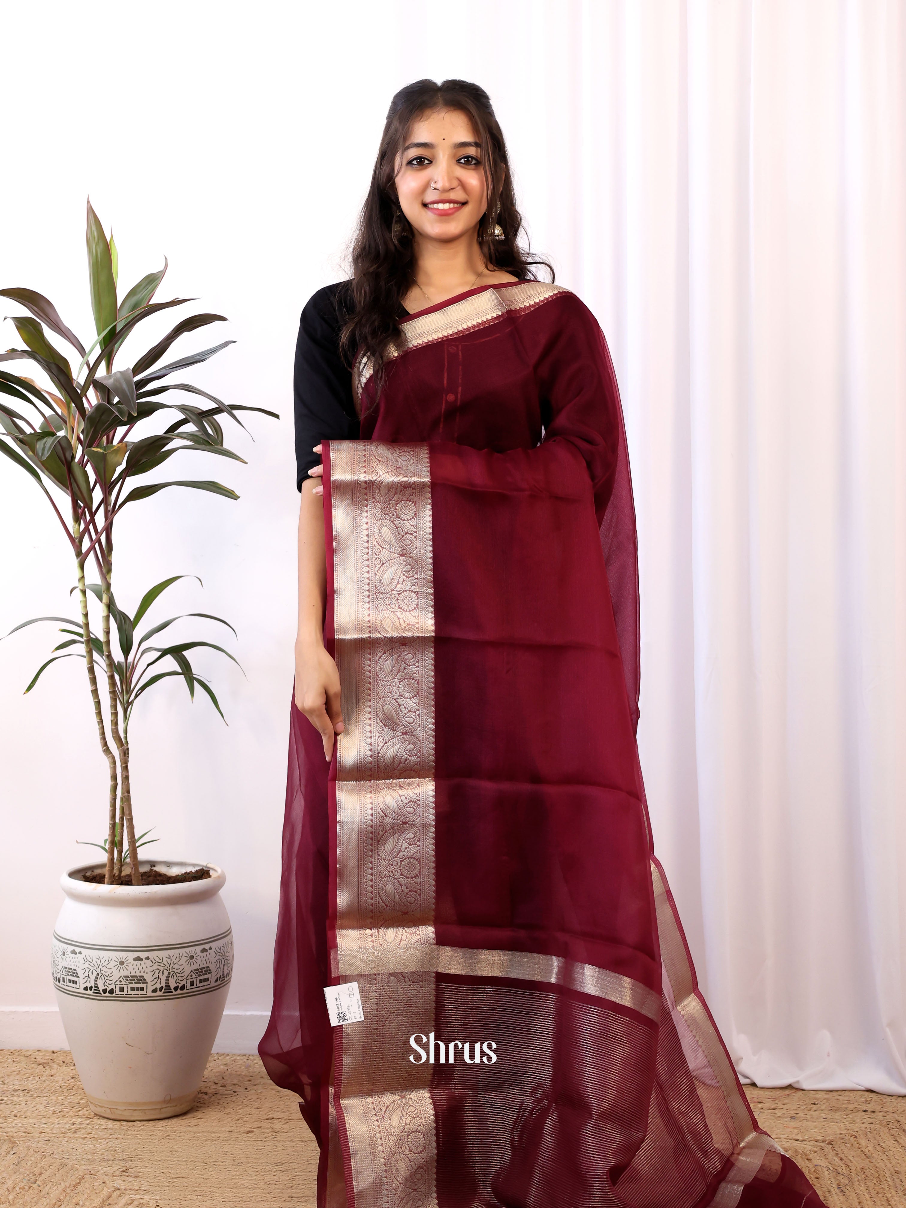 Maroon - Semi Organza Saree - Shop on Shrus.com